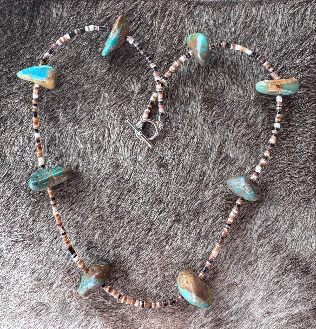 Handmade Nugget Natural Turquoise & Dark Shell Beaded Necklace 22"