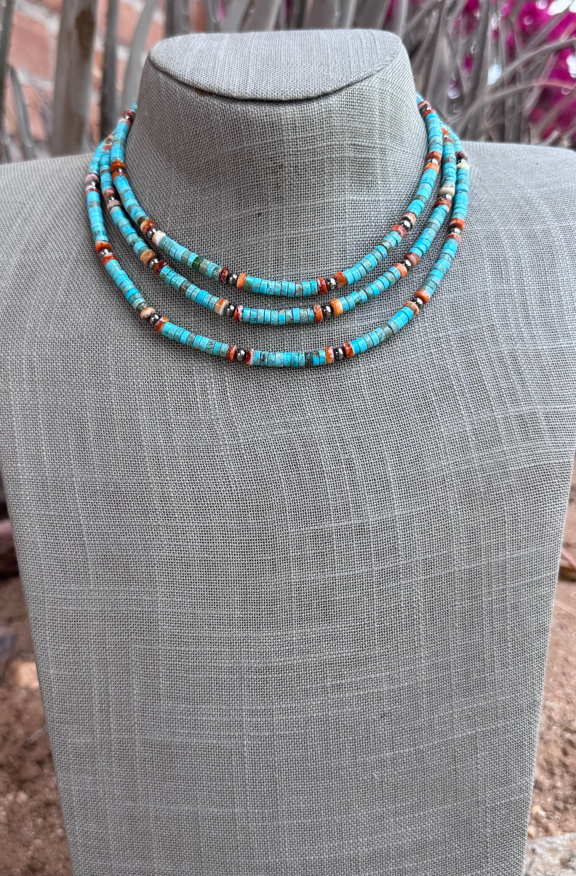 Handmade Variscite Heishi Turquoise, Orange Spiny Oyster Heishi & Sterling Silver Beaded Necklace 14"