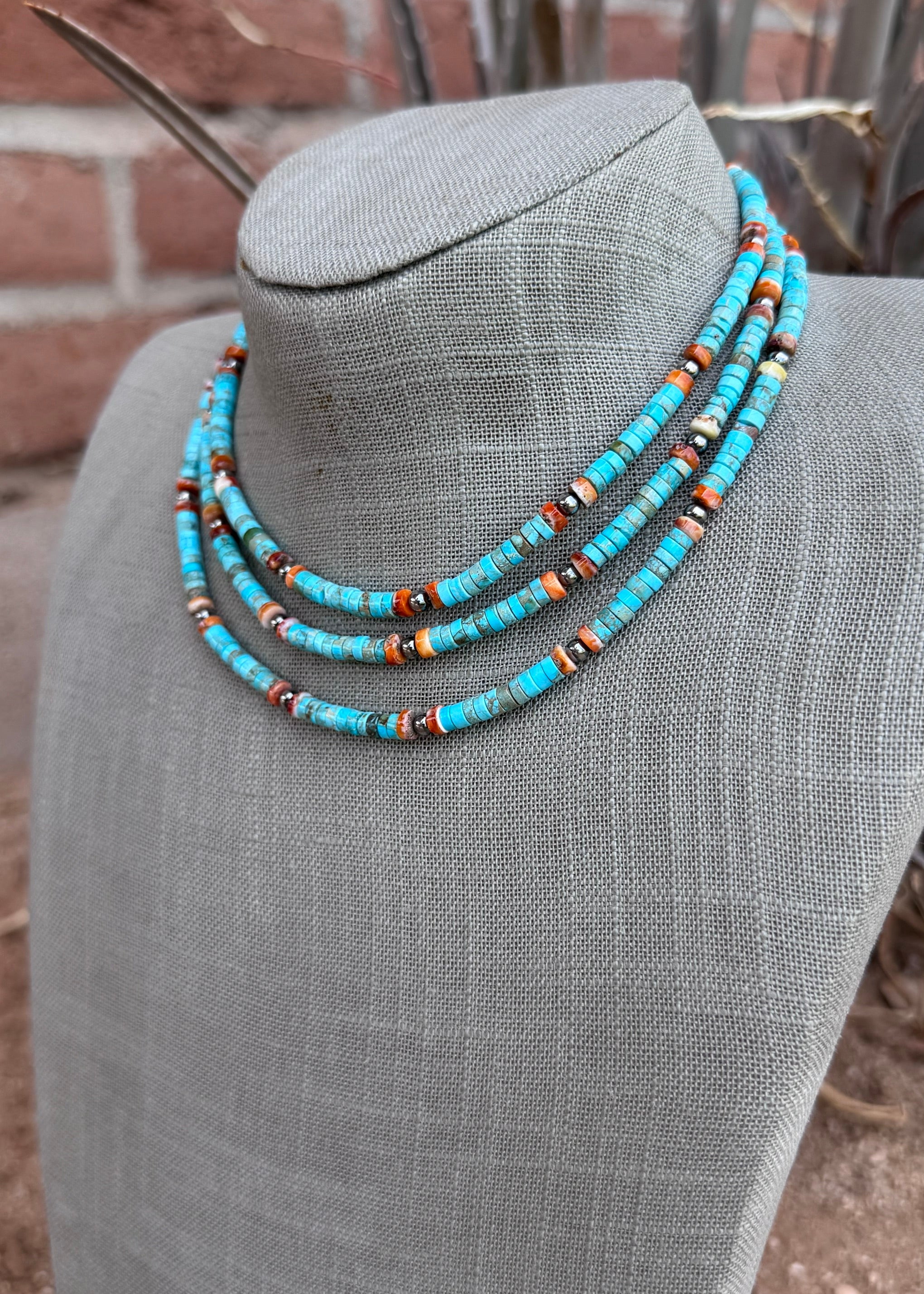 Handmade Variscite Heishi Turquoise, Orange Spiny Oyster Heishi & Sterling Silver Beaded Necklace 14"