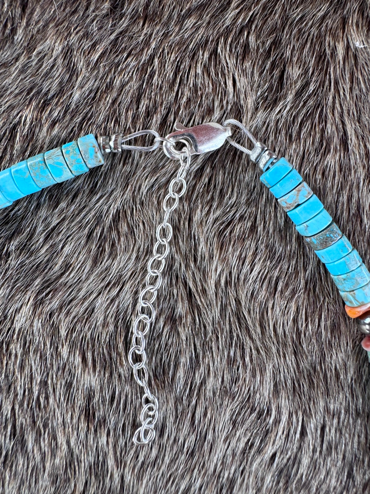 Handmade Variscite Heishi Turquoise, Orange Spiny Oyster Heishi & Sterling Silver Beaded Necklace 14"