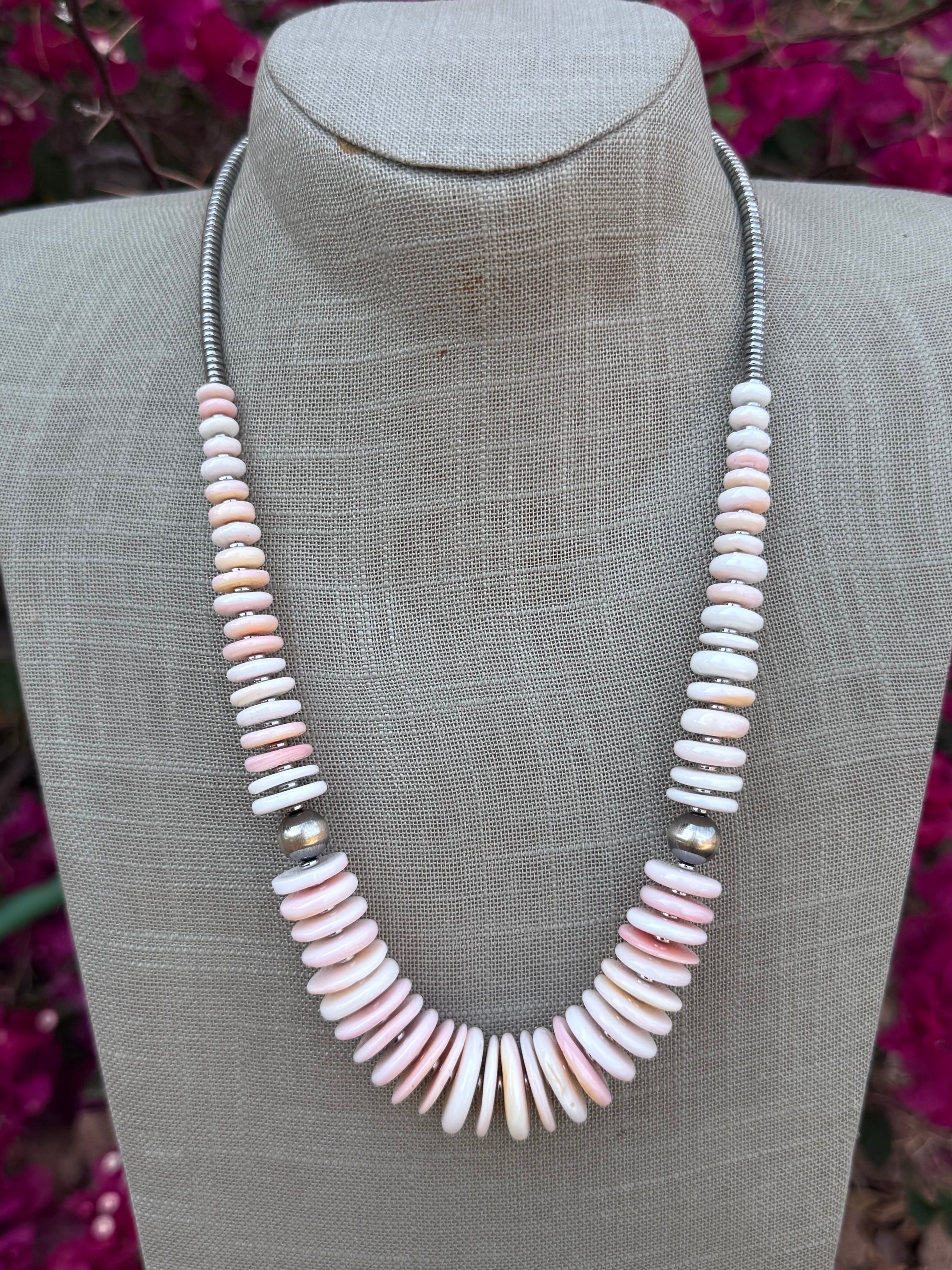 Handmade Graduated Pink Conch & Sterling Silver Beaded Statement Necklace 22"