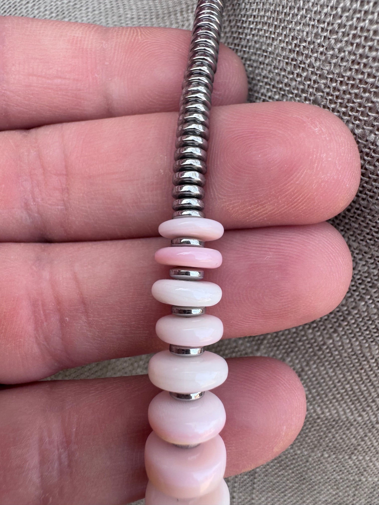 Handmade Graduated Pink Conch & Sterling Silver Beaded Statement Necklace 22"