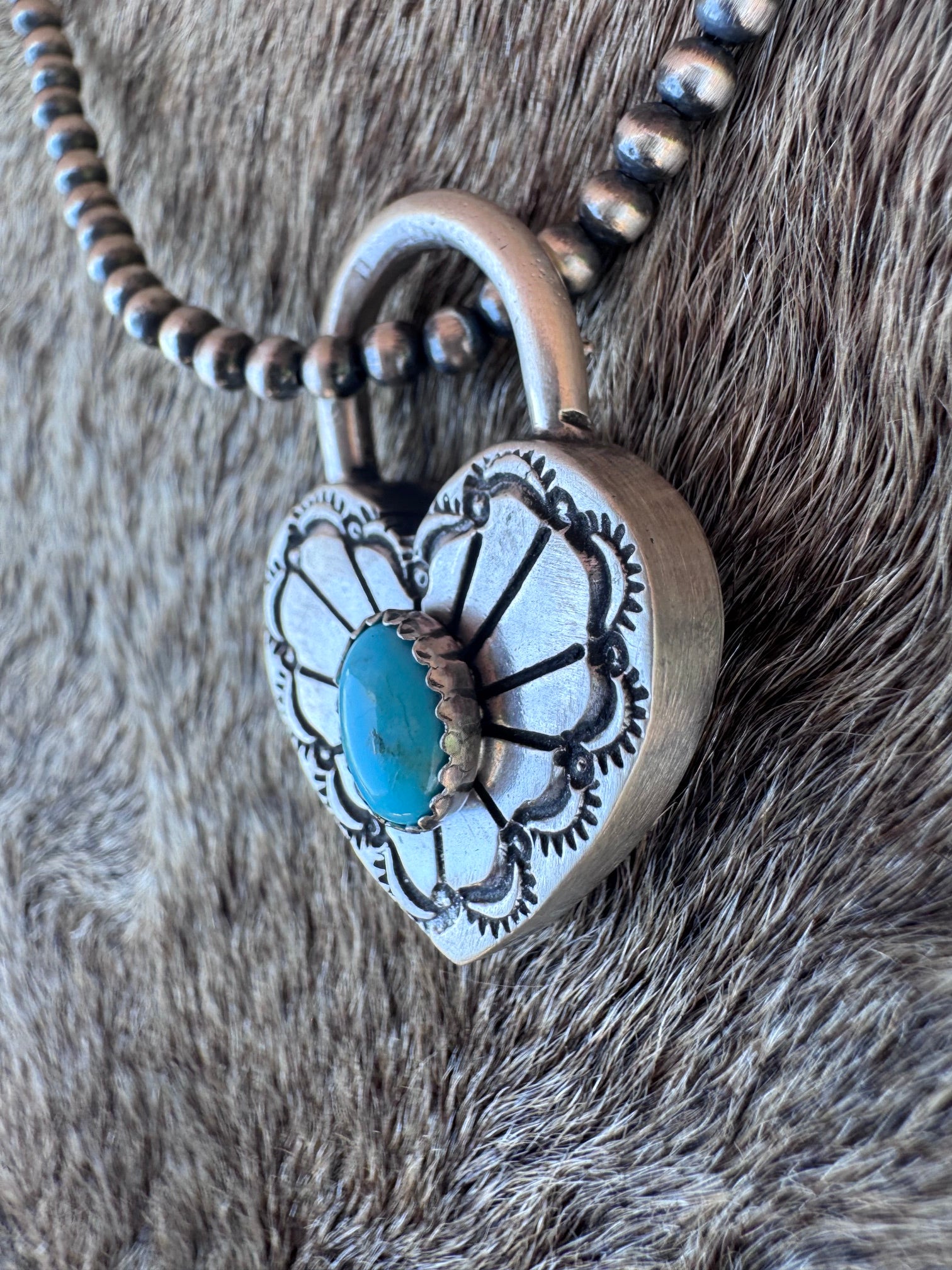 Handcrafted Kingman Turquoise & Sterling Silver Heart Locket Pendant by Patrick Yazzie