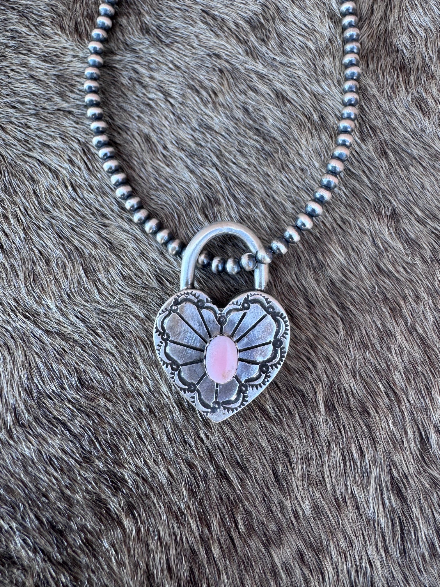 Handcrafted Pink Conch & Sterling Silver Heart Locket Pendant by Patrick Yazzie
