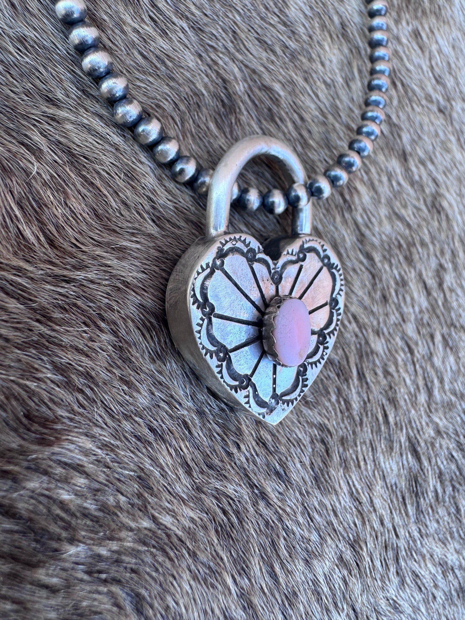 Handcrafted Pink Conch & Sterling Silver Heart Locket Pendant by Patrick Yazzie
