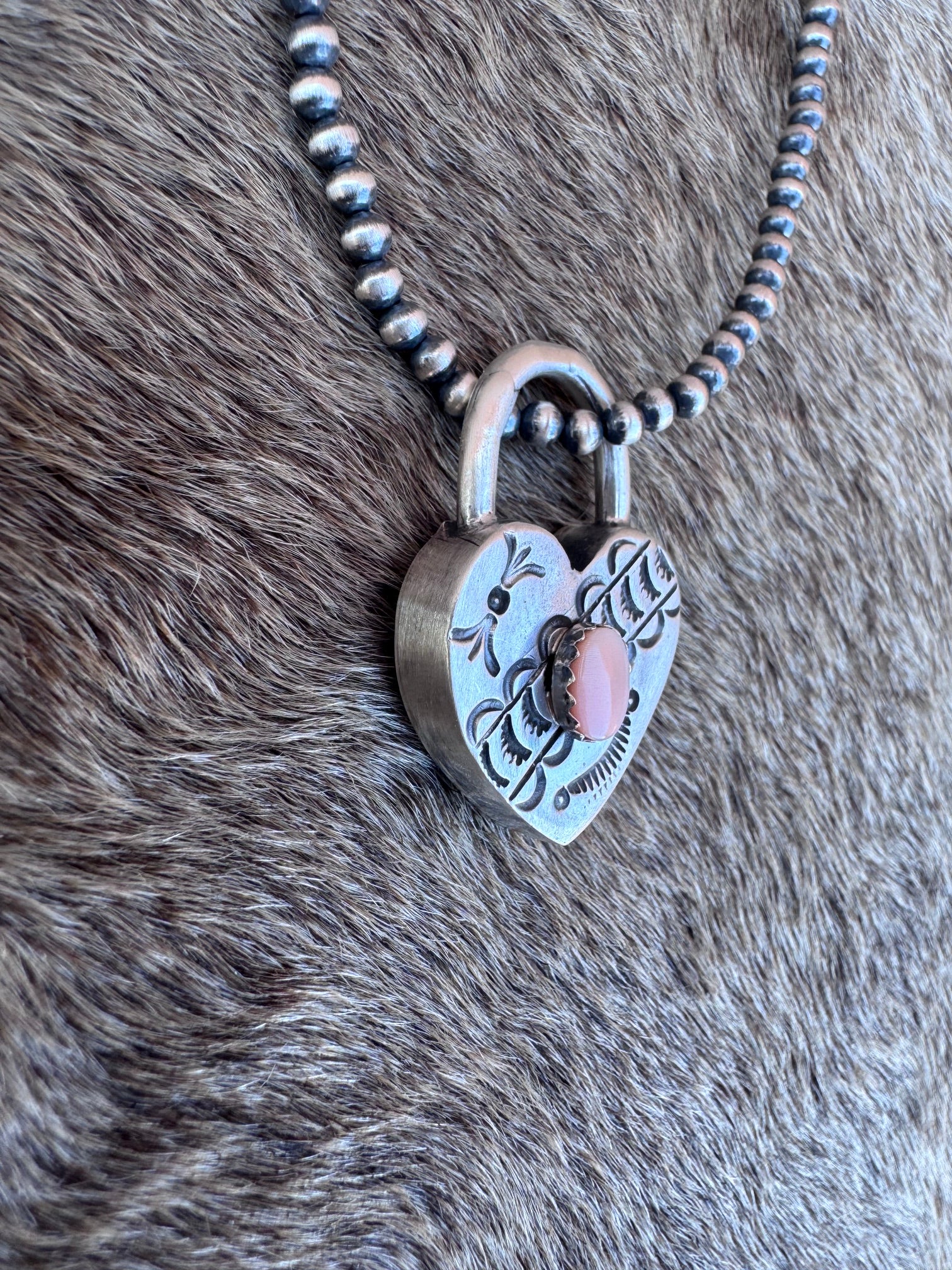 Handcrafted Pink Conch & Sterling Silver Heart Locket Pendant by Patrick Yazzie
