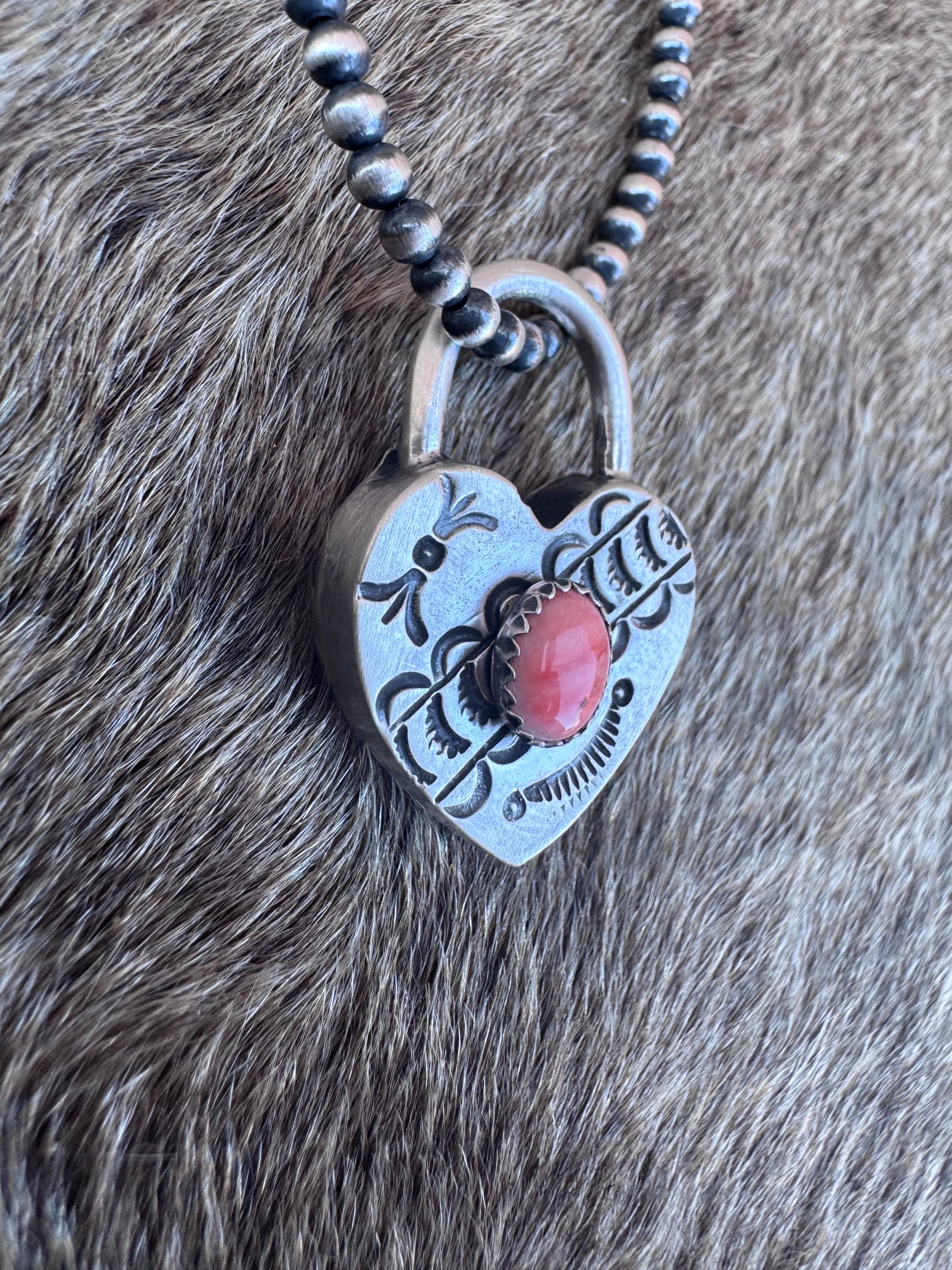 Handcrafted Orange Spiny & Sterling Silver Heart Locket Pendant by Patrick Yazzie