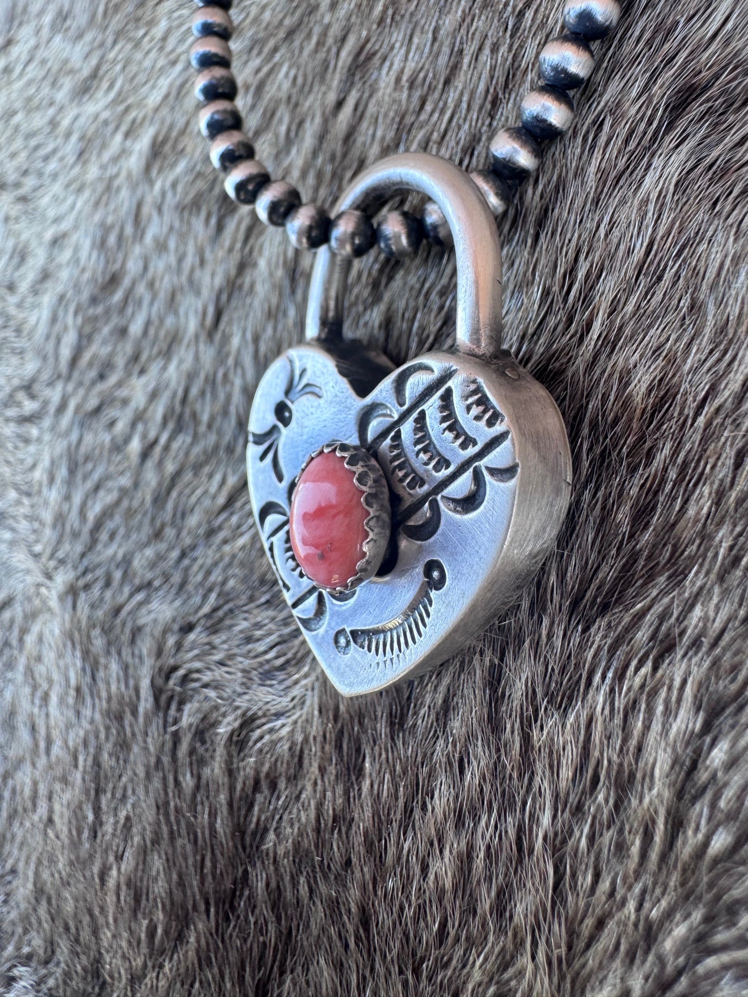 Handcrafted Orange Spiny & Sterling Silver Heart Locket Pendant by Patrick Yazzie