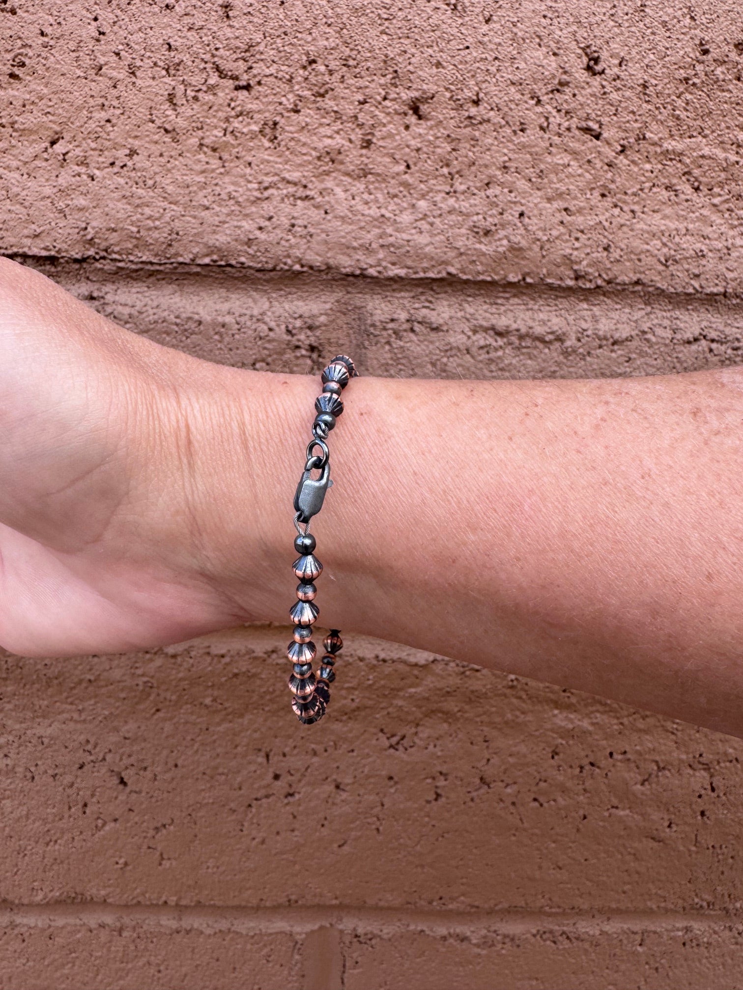 Handcrafted Copper 3mm Patterned Beaded Bracelet 7.5"