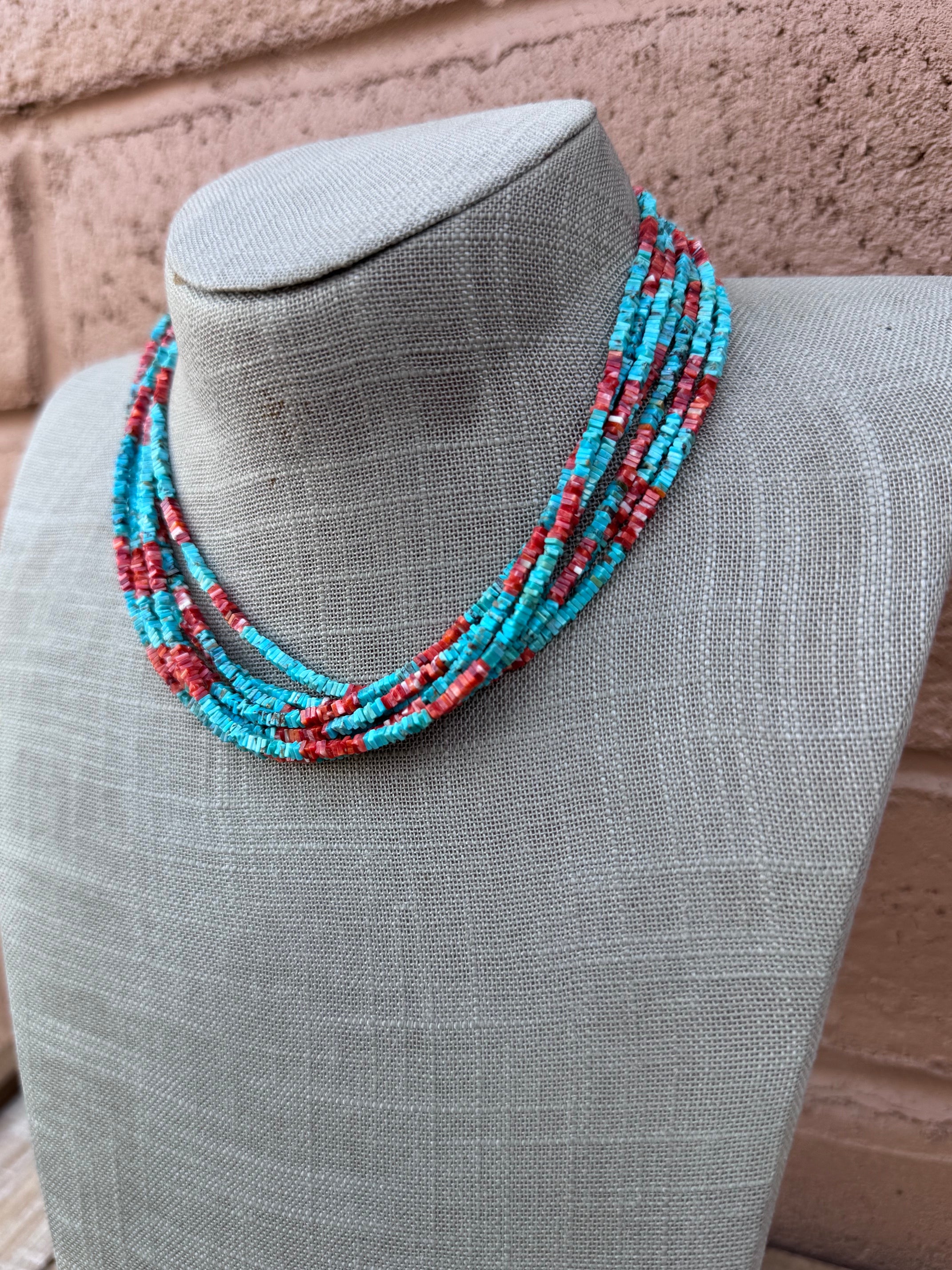 Handcrafted Turquoise & Spiny Oyster 16” Beaded Necklace