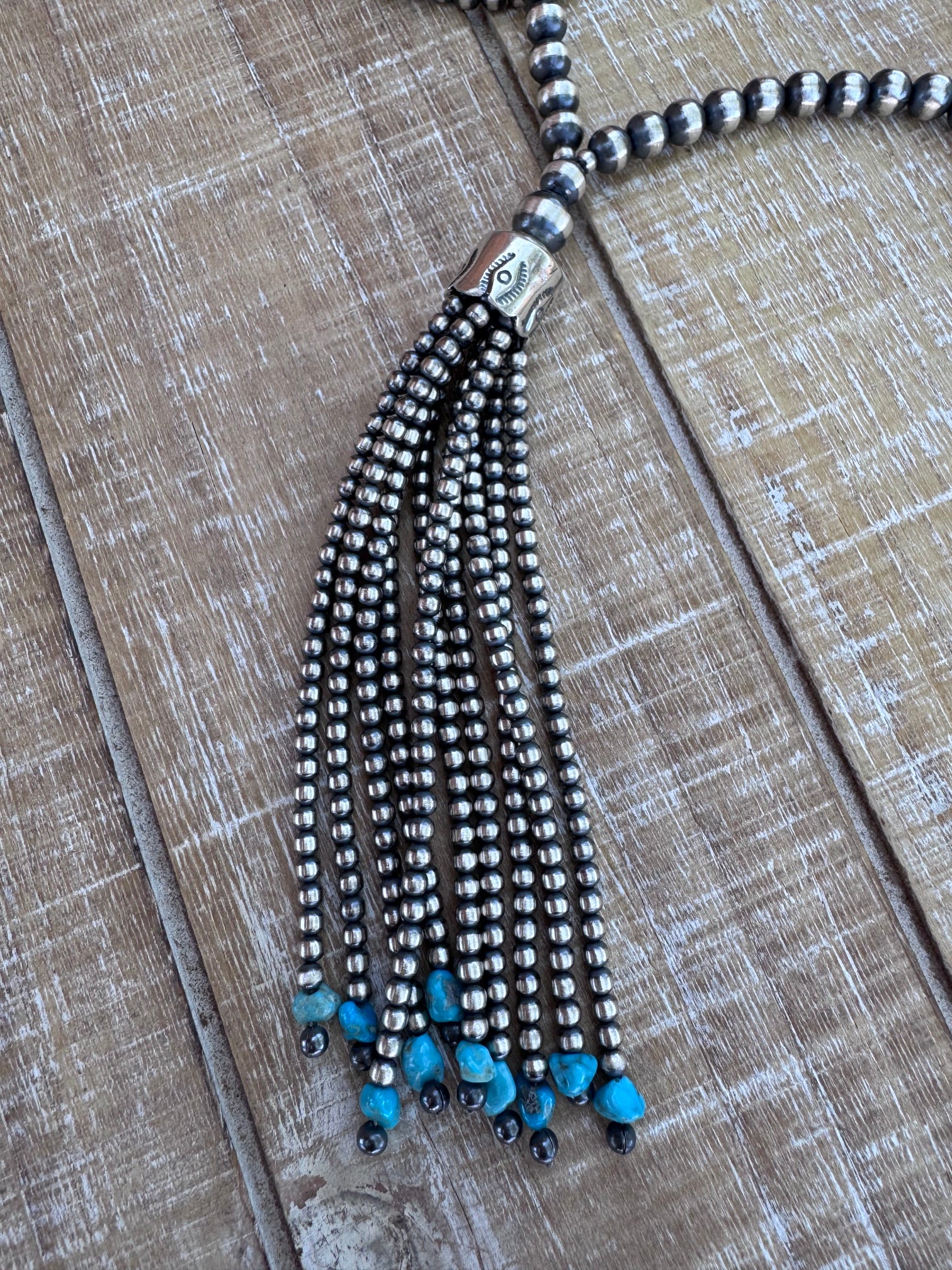 Handcrafted Sterling Silver & Kingman Turquoise Tassel 3-8mm Beaded Necklace 33"