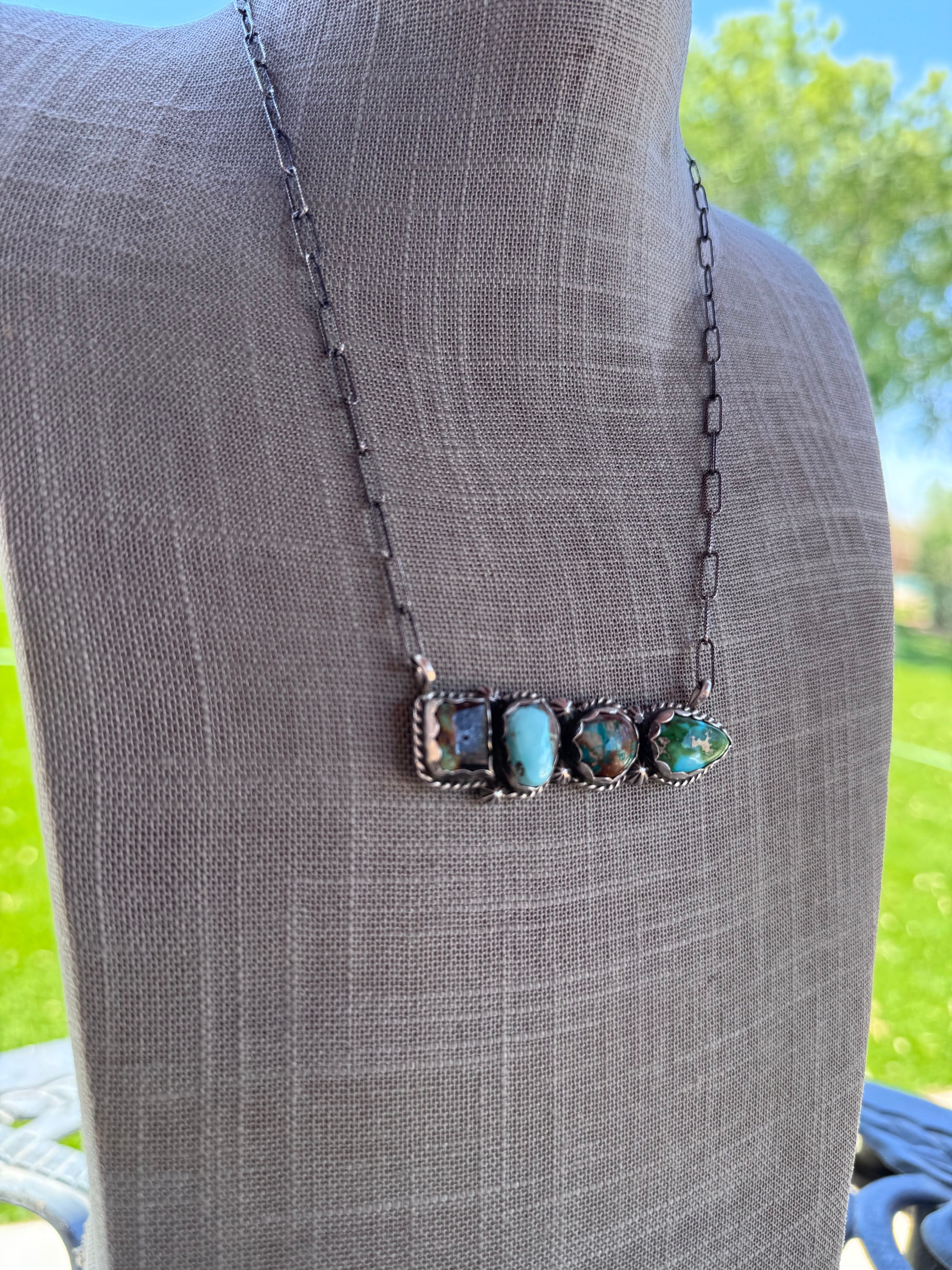 Handmade Black Jack, Sonoran, Sierra Nevada, Fox Turquoise & Sterling Silver Chain Necklace 20" by Roaming Buffalo