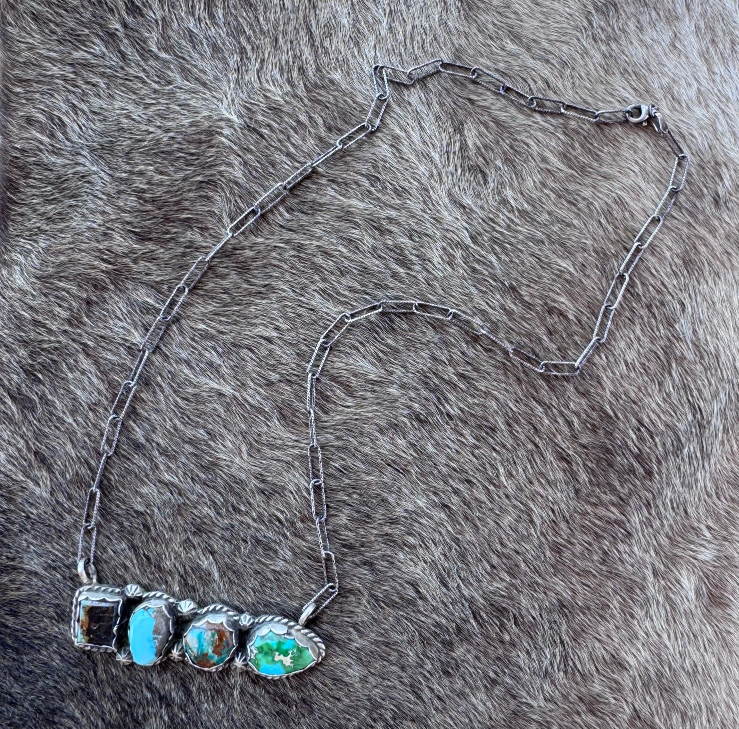 Handmade Black Jack, Sonoran, Sierra Nevada, Fox Turquoise & Sterling Silver Chain Necklace 20" by Roaming Buffalo