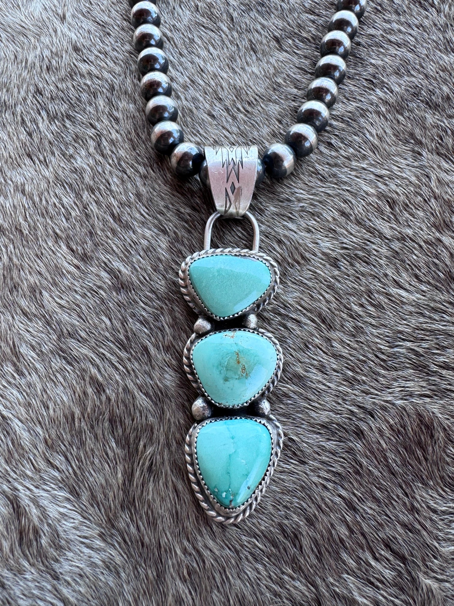 Handmade Sterling Silver & Carico Lake Turquoise 3 Stone Pendant by Roaming Buffalo