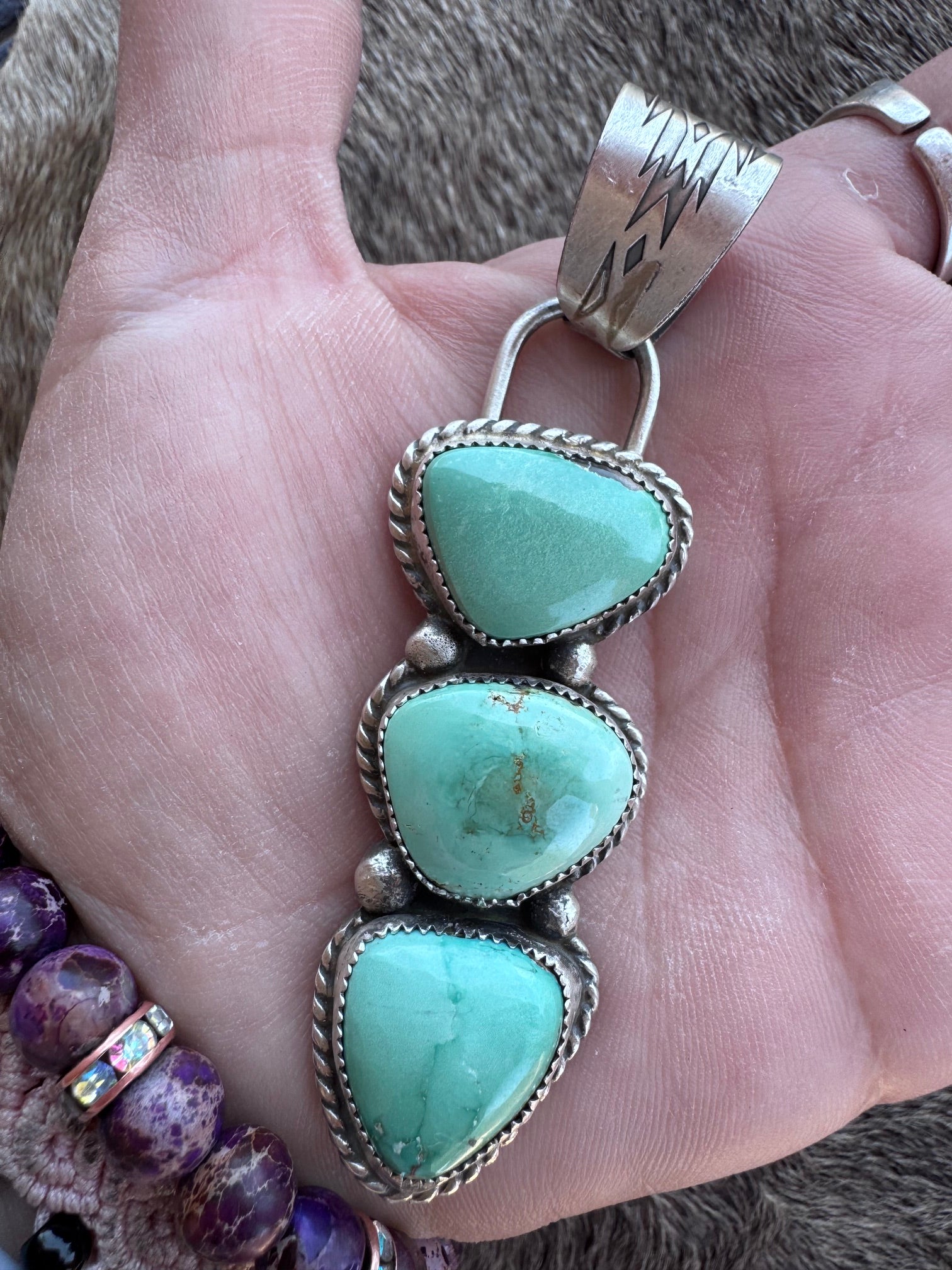 Handmade Sterling Silver & Carico Lake Turquoise 3 Stone Pendant by Roaming Buffalo