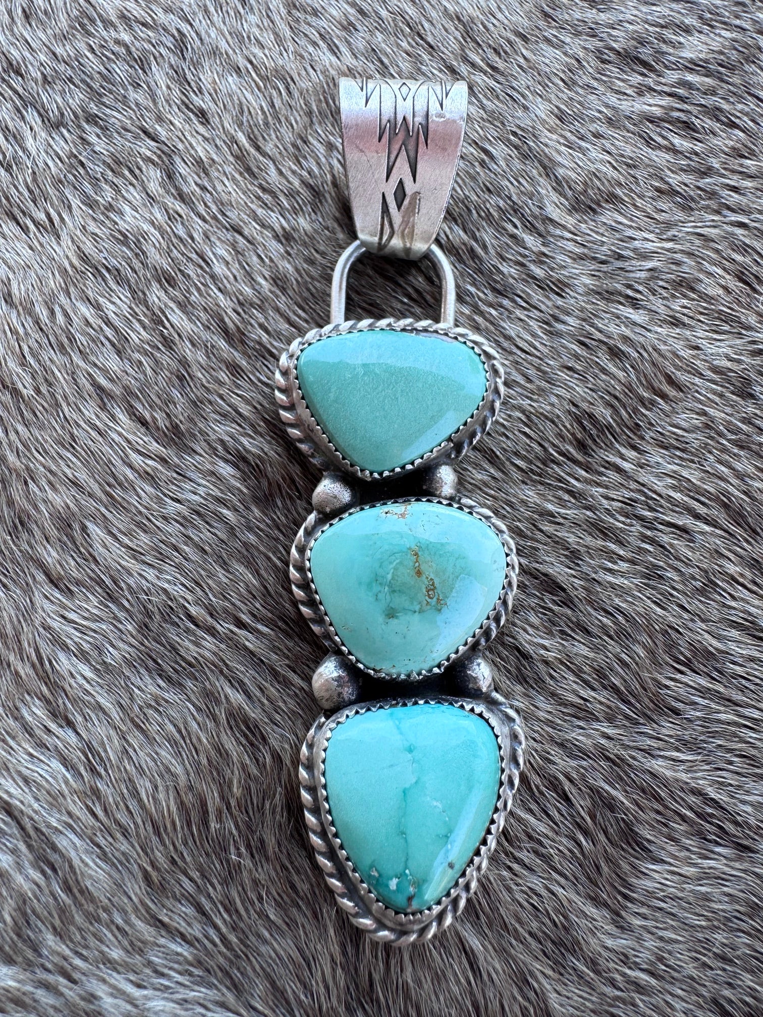 Handmade Sterling Silver & Carico Lake Turquoise 3 Stone Pendant by Roaming Buffalo