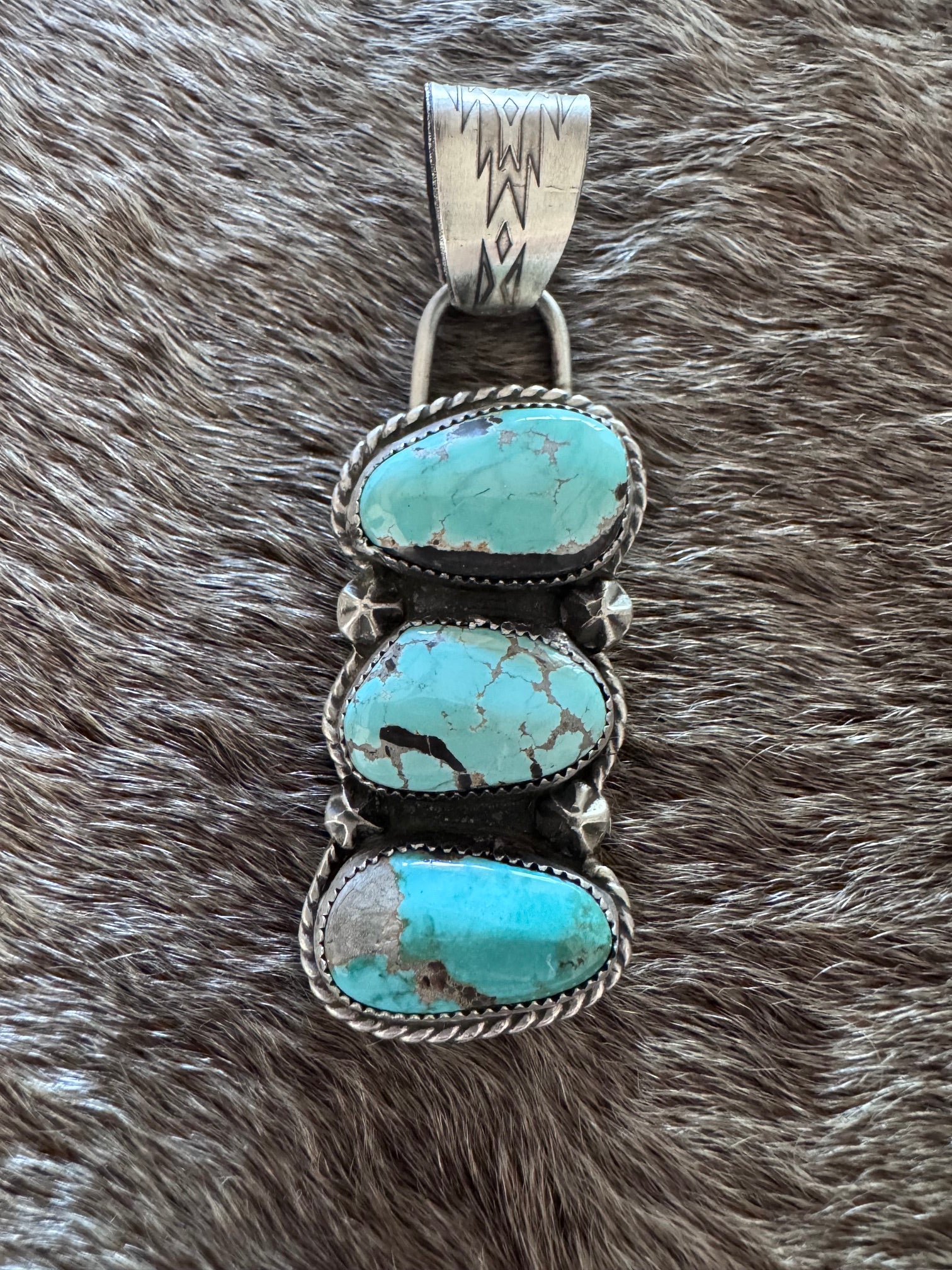 Handmade Sterling Silver & Carico Lake Turquoise 3 Stone Pendant by Roaming Buffalo