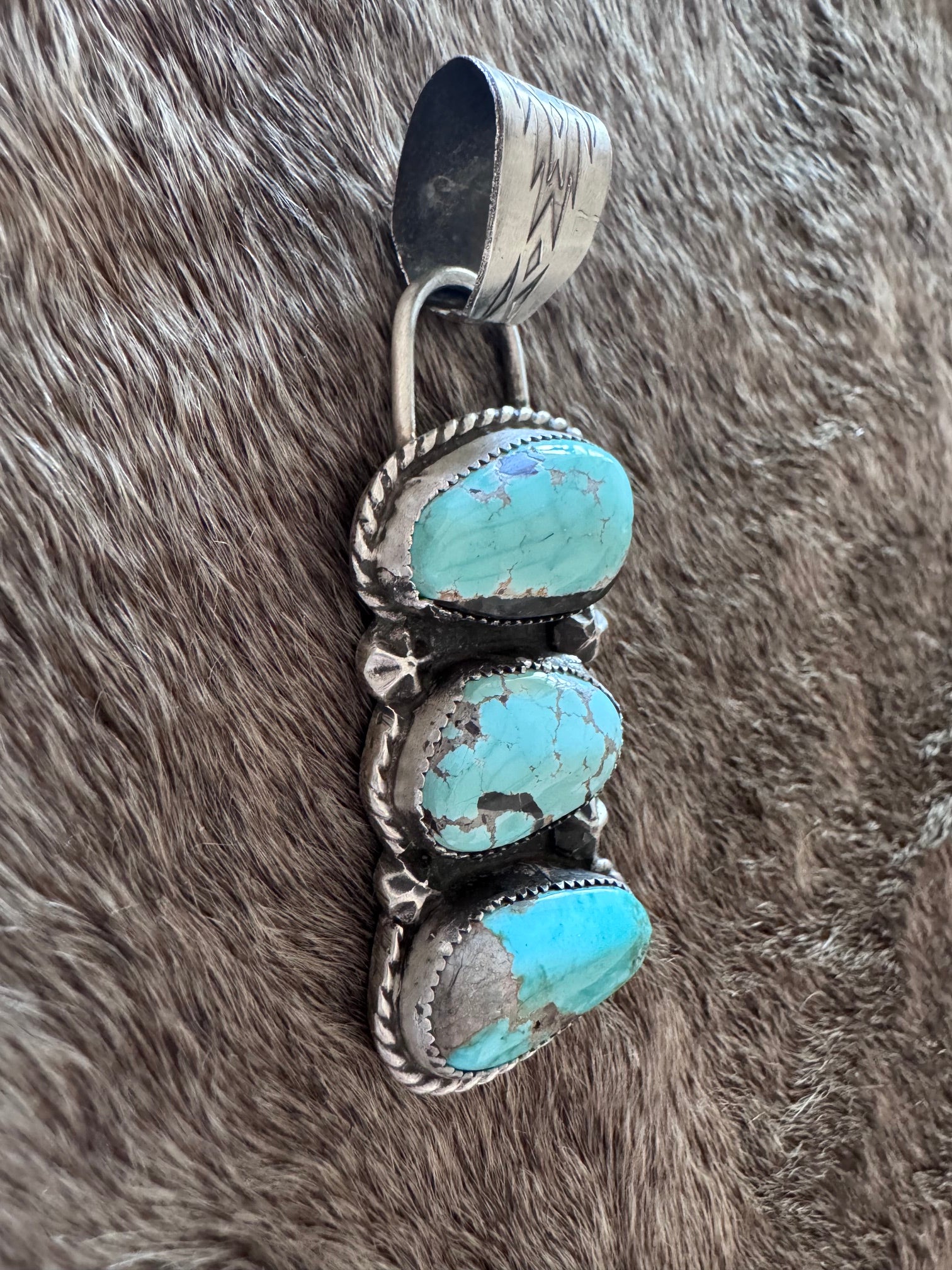 Handmade Sterling Silver & Carico Lake Turquoise 3 Stone Pendant by Roaming Buffalo