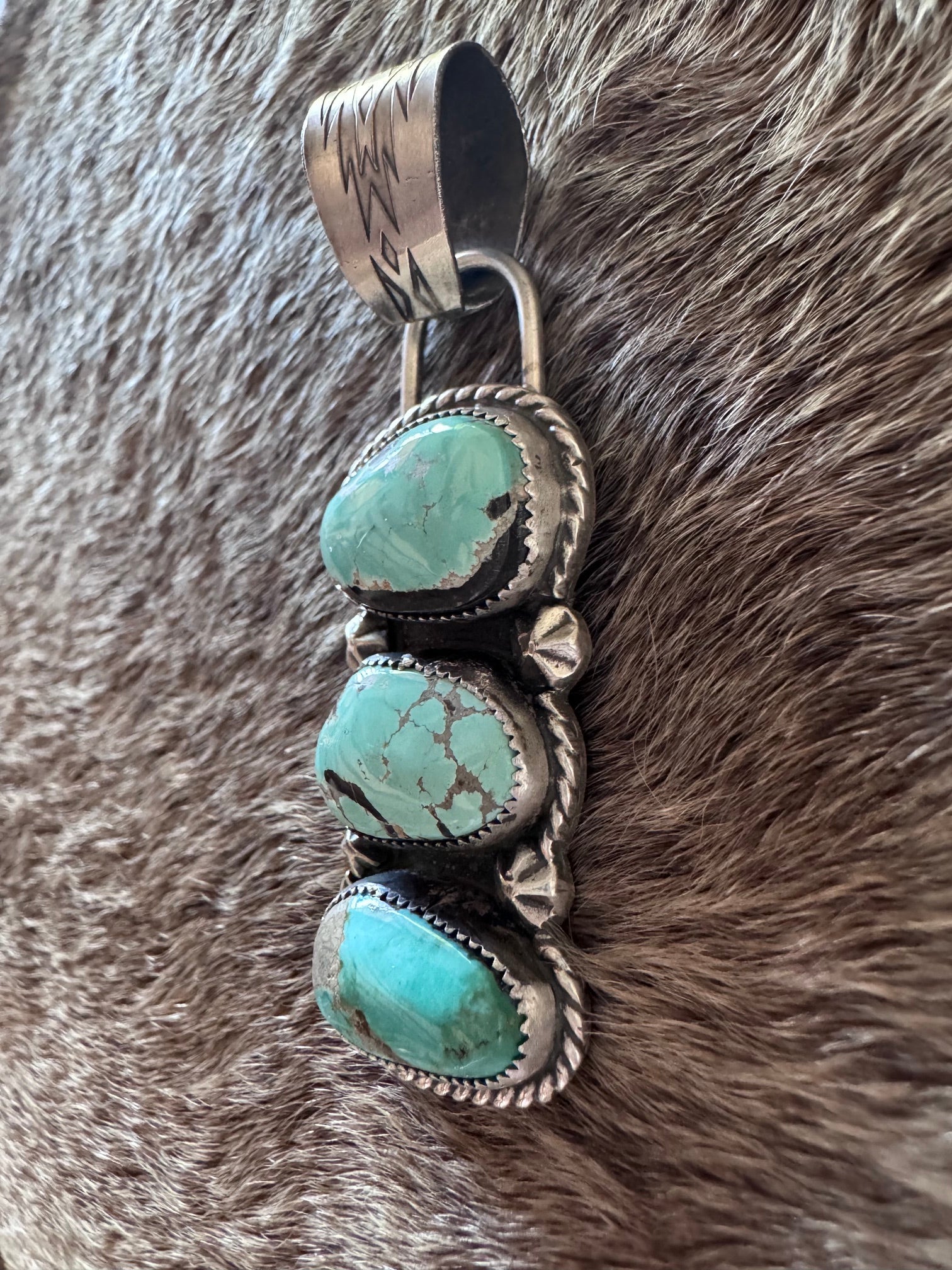 Handmade Sterling Silver & Carico Lake Turquoise 3 Stone Pendant by Roaming Buffalo
