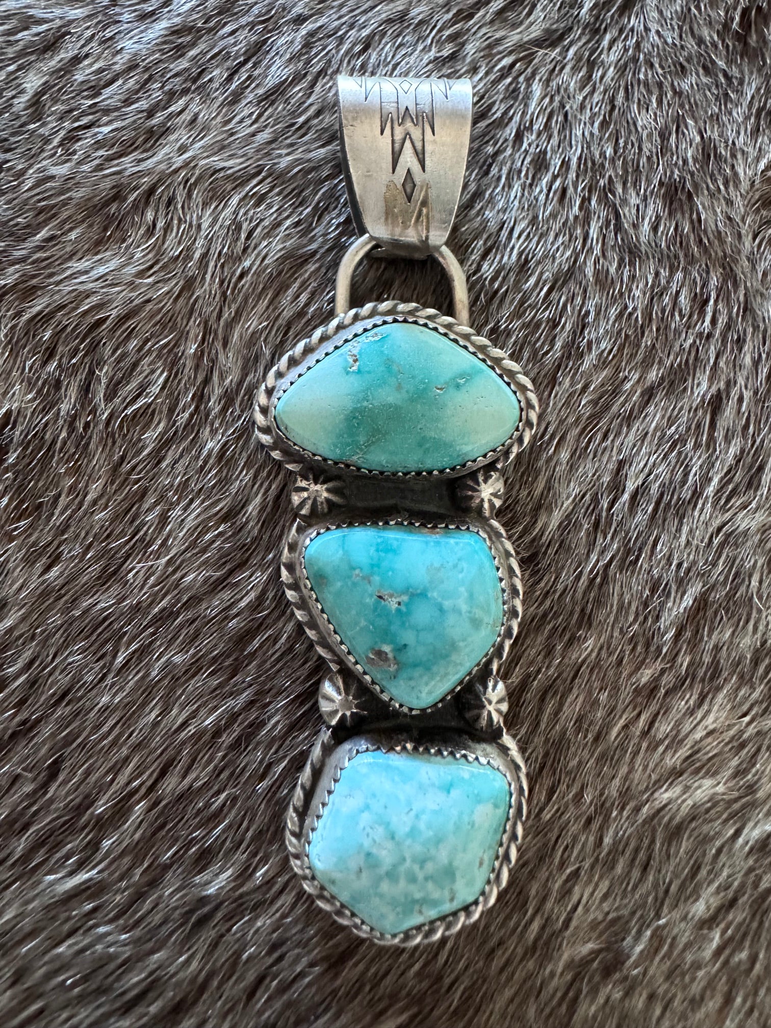 Handmade Sterling Silver & Carico Lake, White Water Turquoise 3 Stone Pendant by Roaming Buffalo