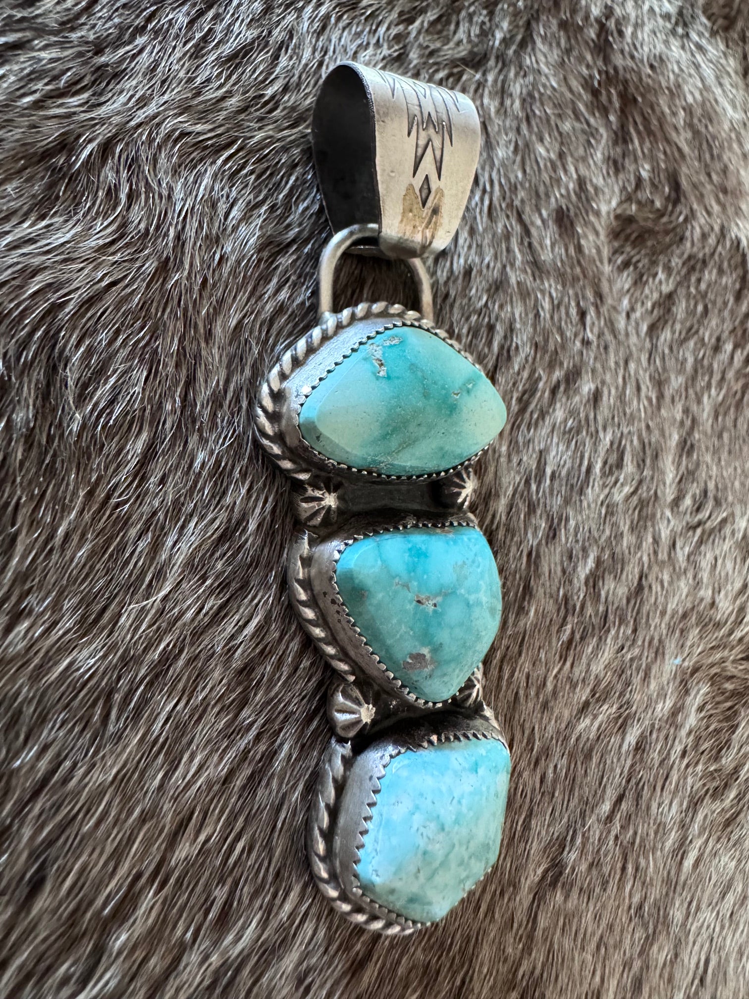Handmade Sterling Silver & Carico Lake, White Water Turquoise 3 Stone Pendant by Roaming Buffalo