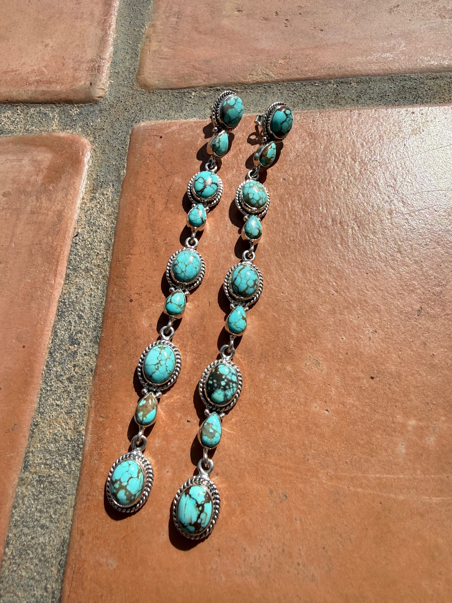 Handmade Number 8 Turquoise & Sterling Silver Dangle 9 Stone Post Earrings