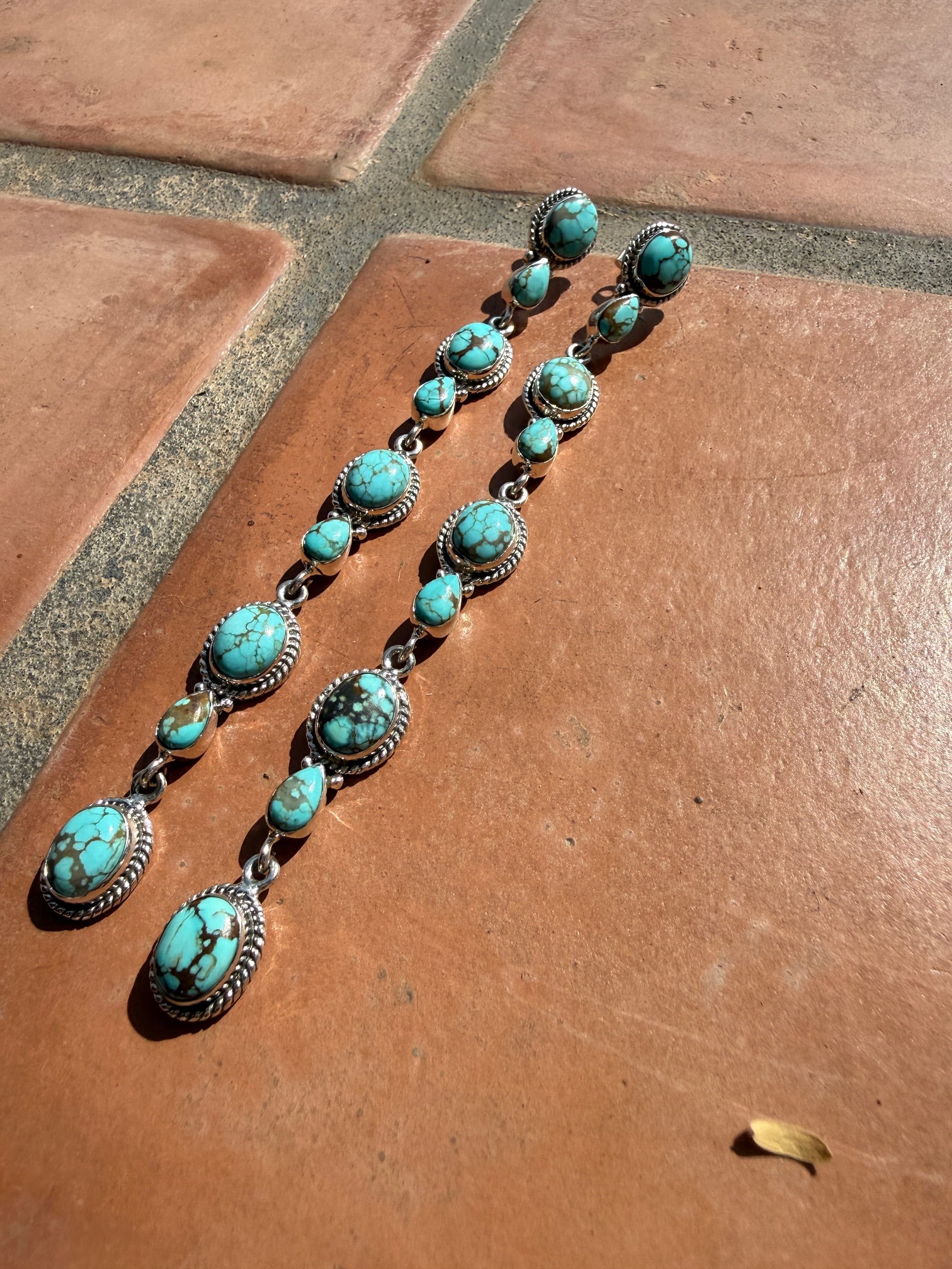 Handmade Number 8 Turquoise & Sterling Silver Dangle 9 Stone Post Earrings