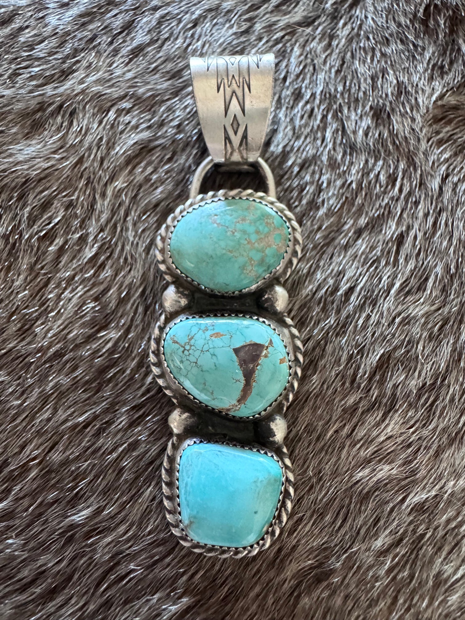 Handmade Sterling Silver & Carico Lake Turquoise 3 Stone Pendant by Roaming Buffalo
