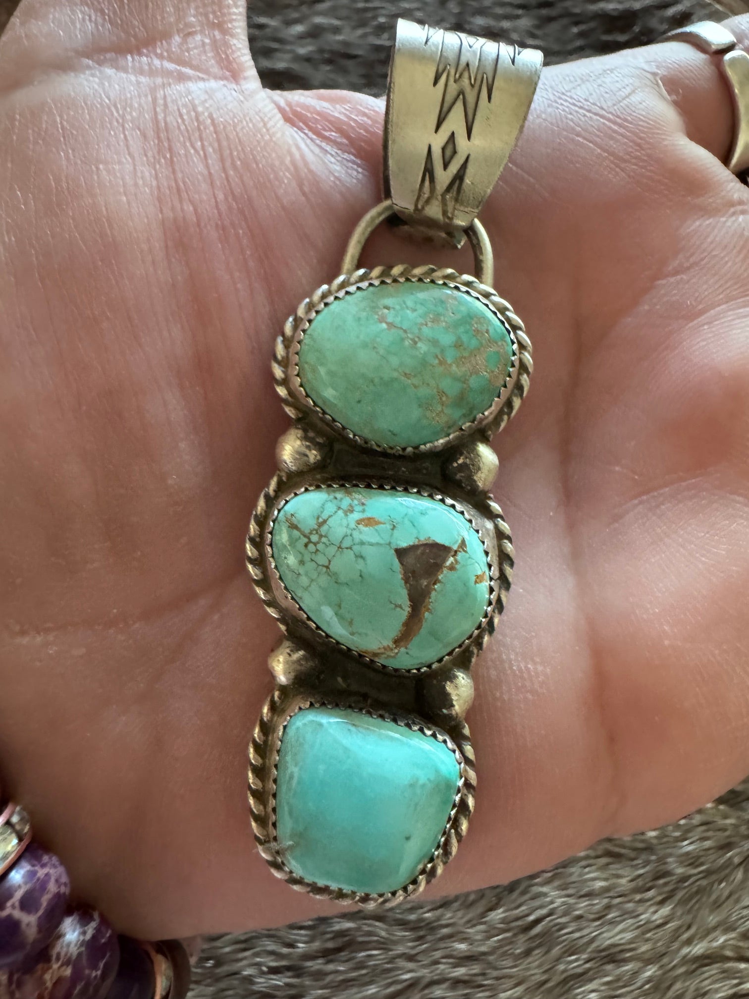 Handmade Sterling Silver & Carico Lake Turquoise 3 Stone Pendant by Roaming Buffalo