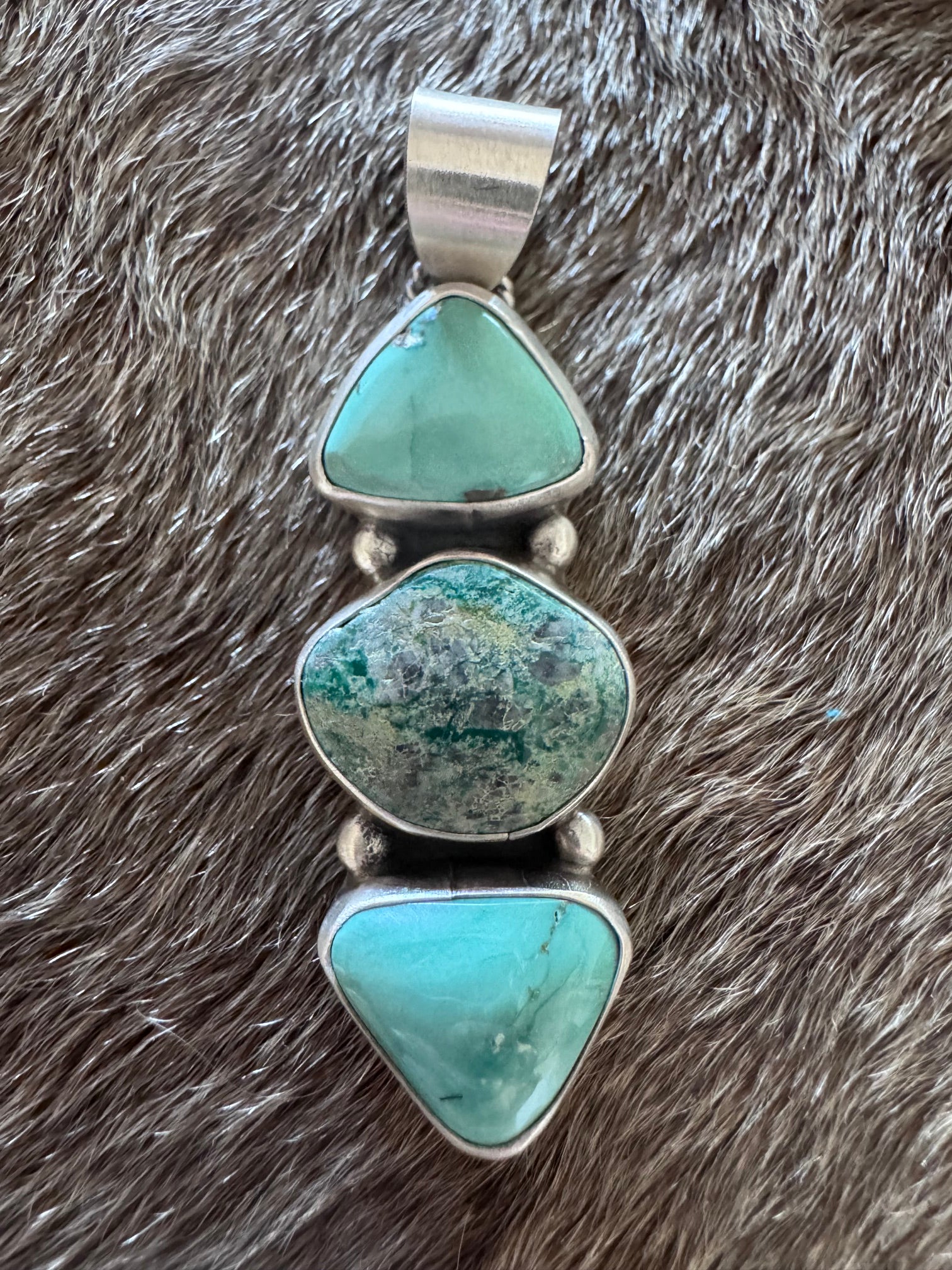 Handmade Sterling Silver & Fox Turquoise 3 Stone Pendant by Roaming Buffalo