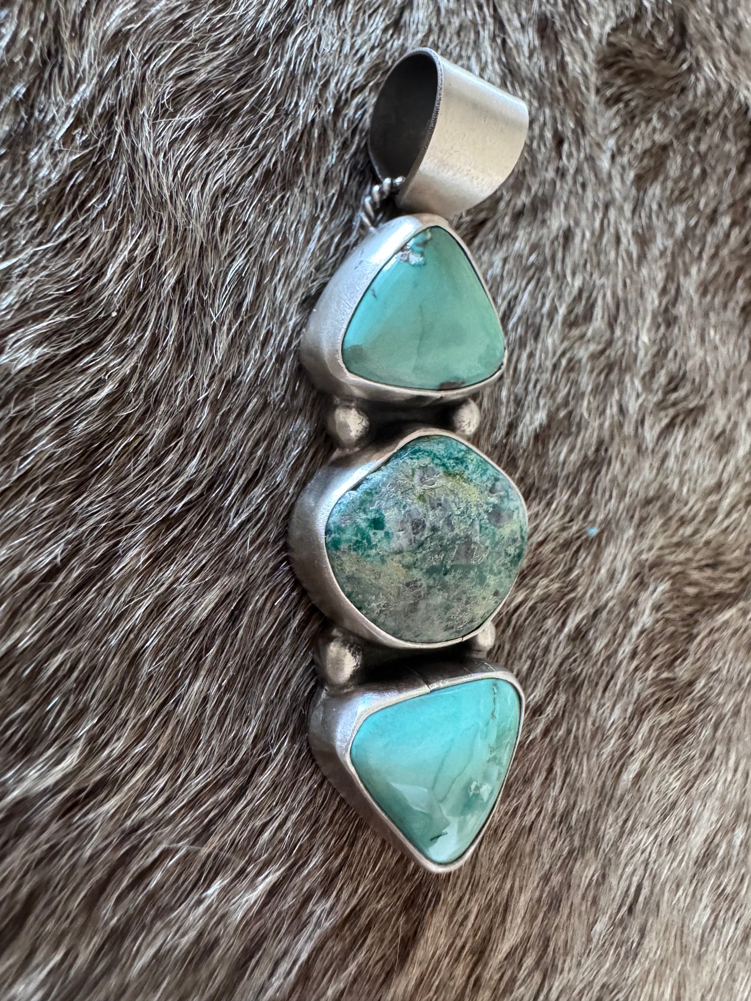 Handmade Sterling Silver & Fox Turquoise 3 Stone Pendant by Roaming Buffalo