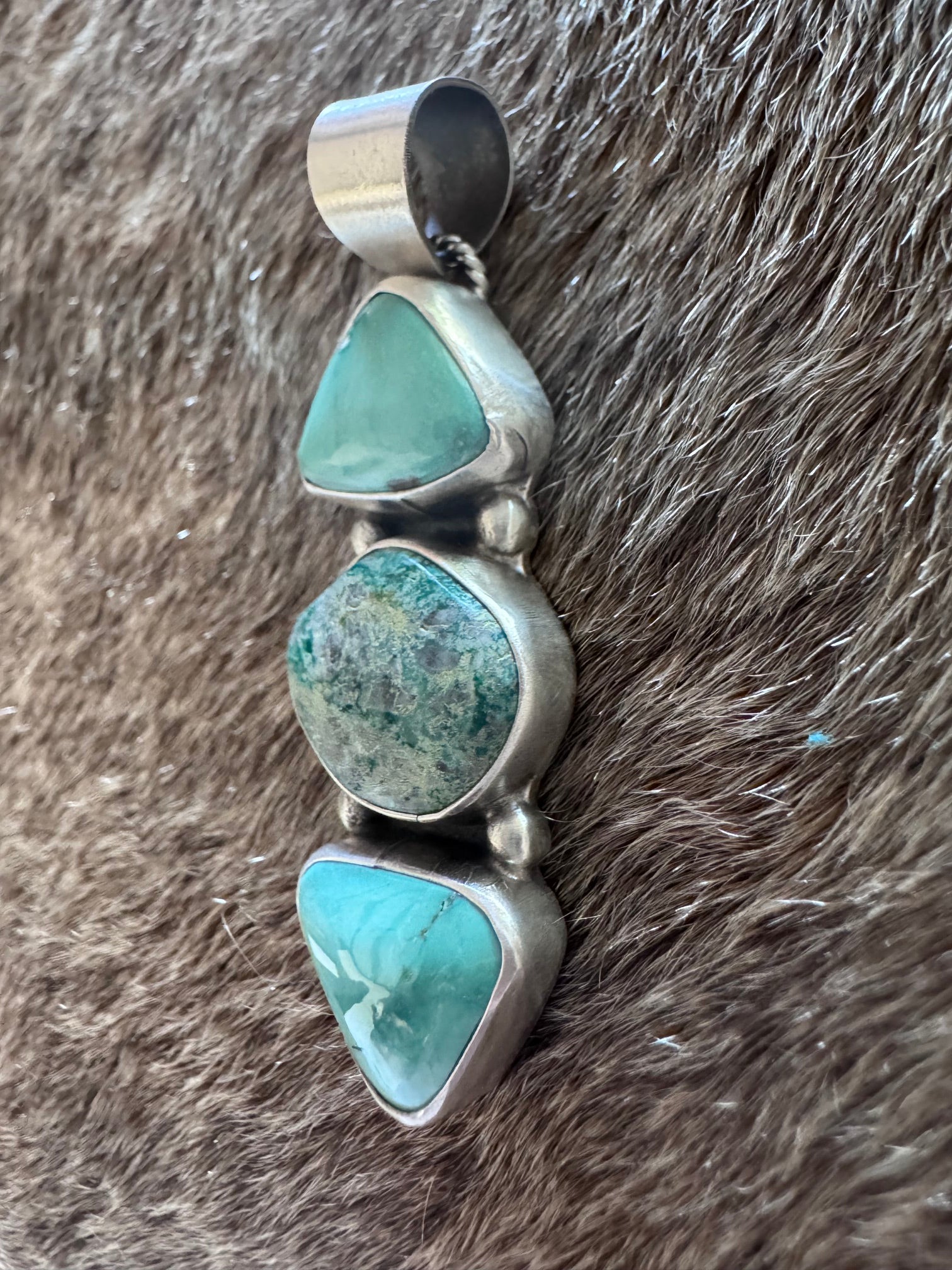 Handmade Sterling Silver & Fox Turquoise 3 Stone Pendant by Roaming Buffalo