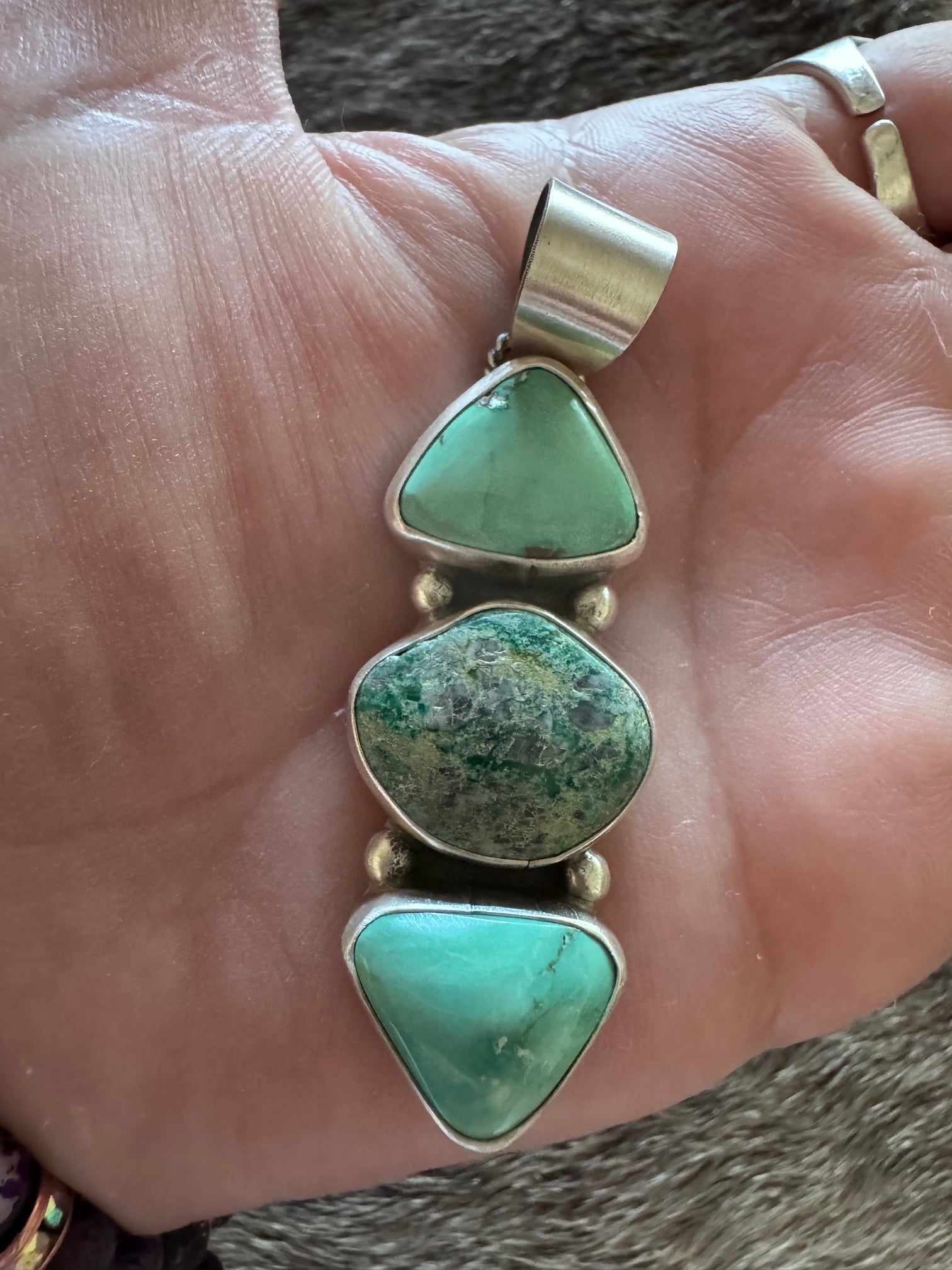 Handmade Sterling Silver & Fox Turquoise 3 Stone Pendant by Roaming Buffalo
