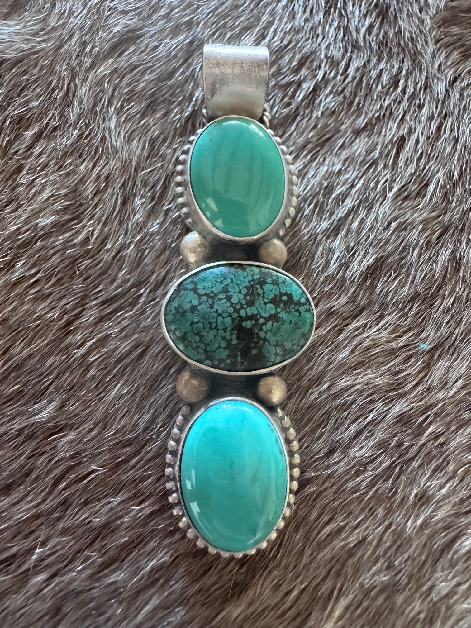 Handmade Sterling Silver & Hubei Turquoise 3 Stone Pendant by Roaming Buffalo