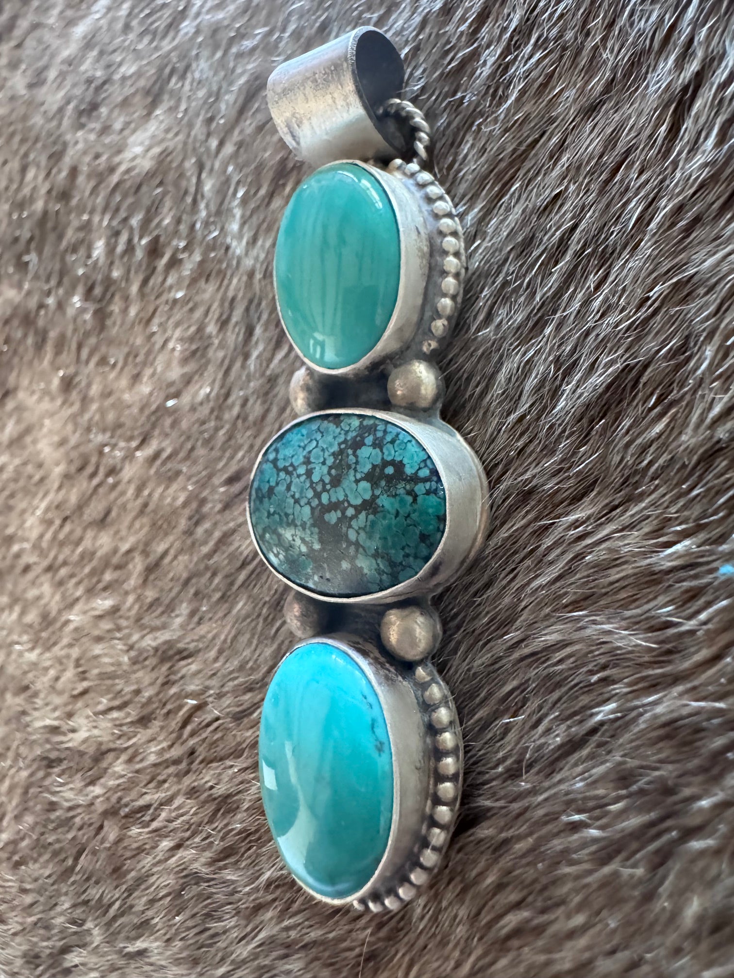 Handmade Sterling Silver & Hubei Turquoise 3 Stone Pendant by Roaming Buffalo