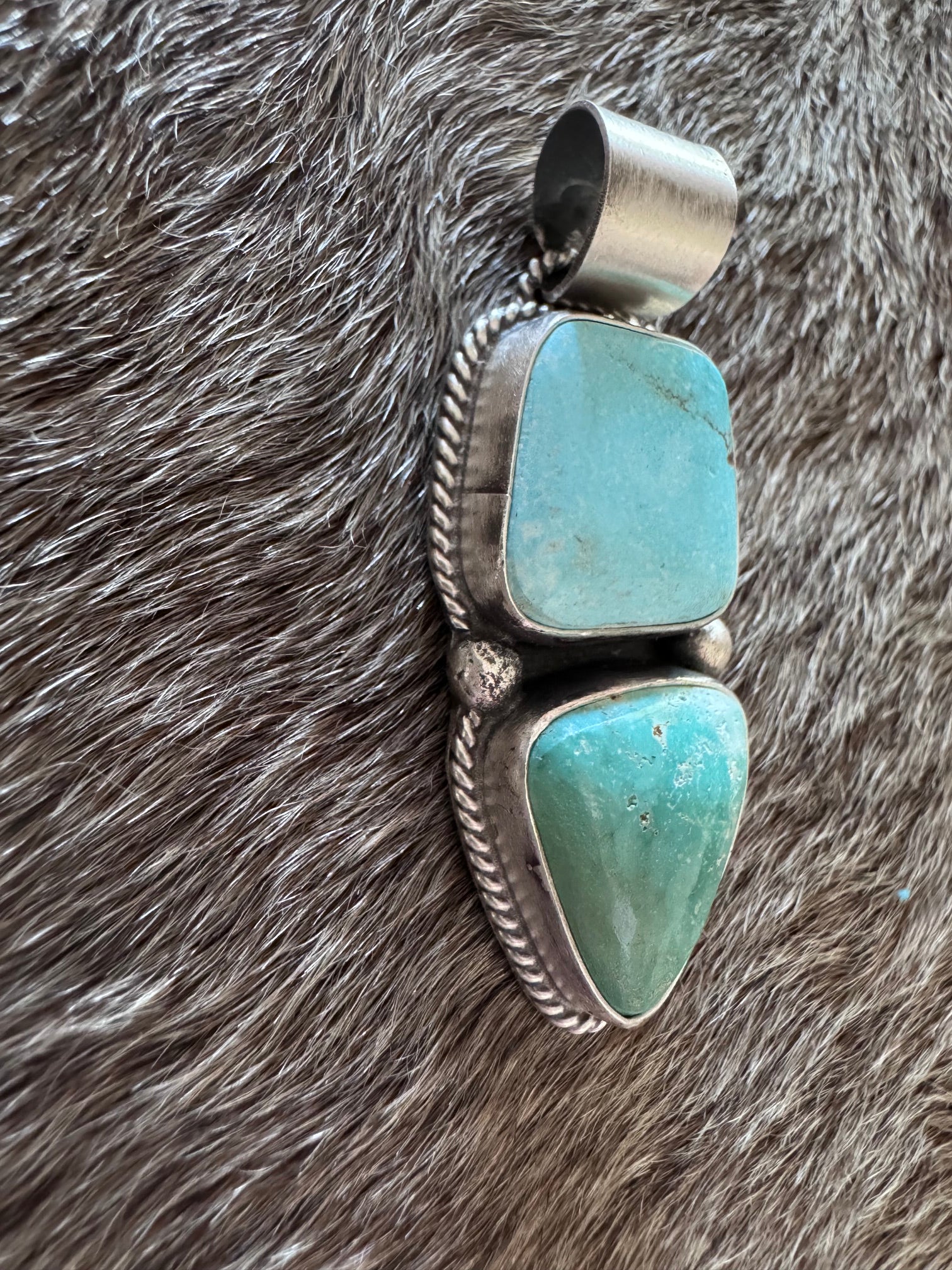 Handmade Sterling Silver & Fox Turquoise 2 Stone Pendant by Roaming Buffalo