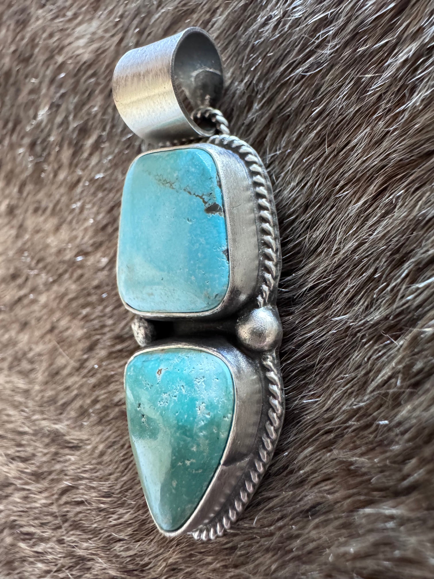 Handmade Sterling Silver & Fox Turquoise 2 Stone Pendant by Roaming Buffalo