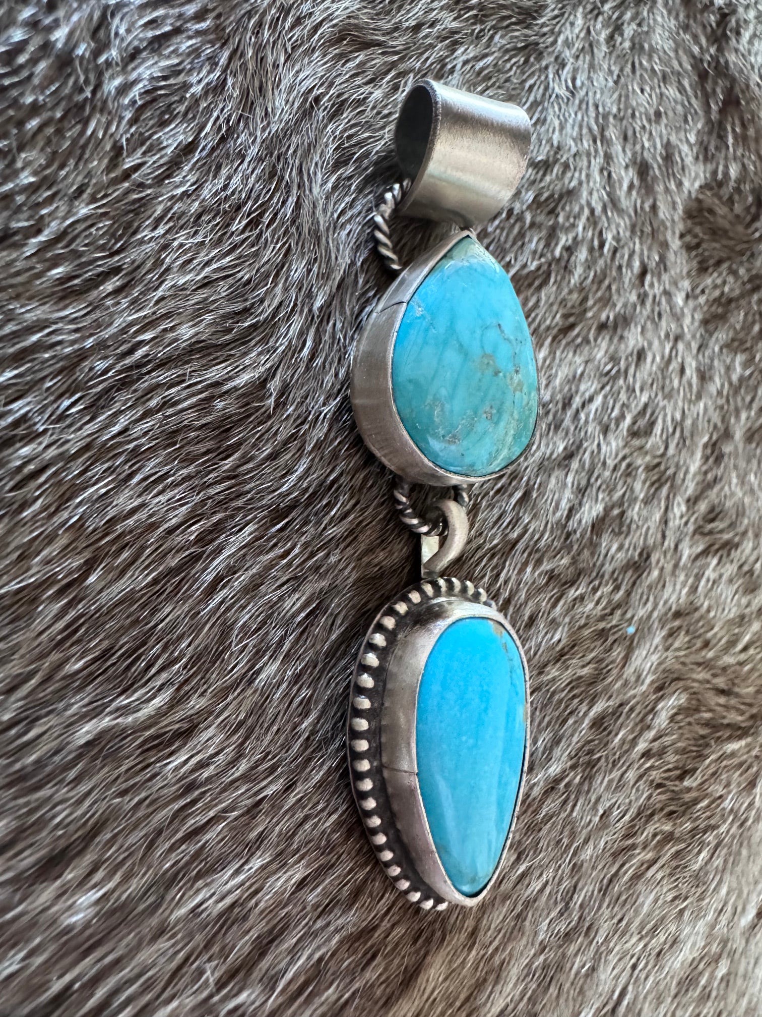 Handmade Sterling Silver & Fox Turquoise 2 Stone Pendant by Roaming Buffalo