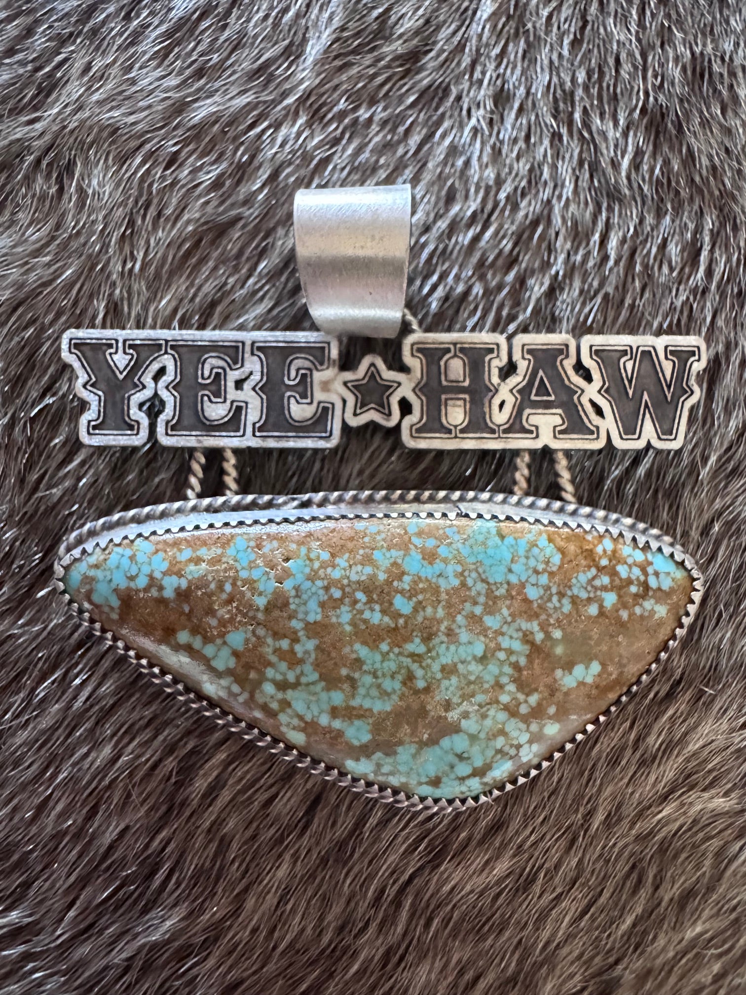 Handmade Sterling Silver & Number 8 Turquoise Yee-Haw Pendant by Roaming Buffalo