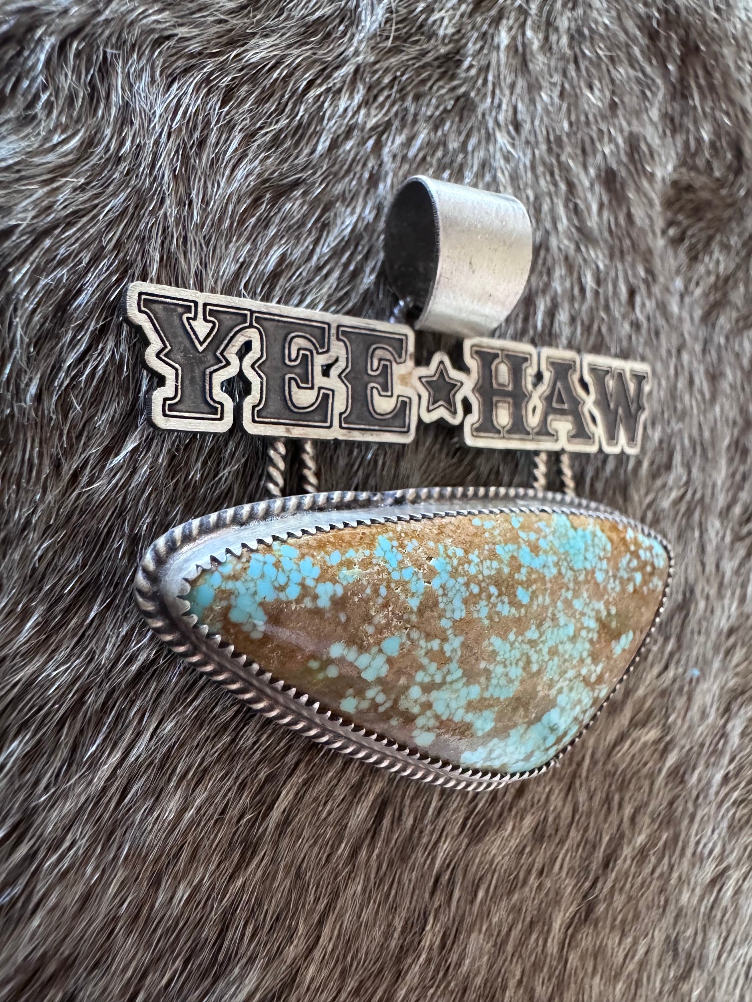 Handmade Sterling Silver & Number 8 Turquoise Yee-Haw Pendant by Roaming Buffalo