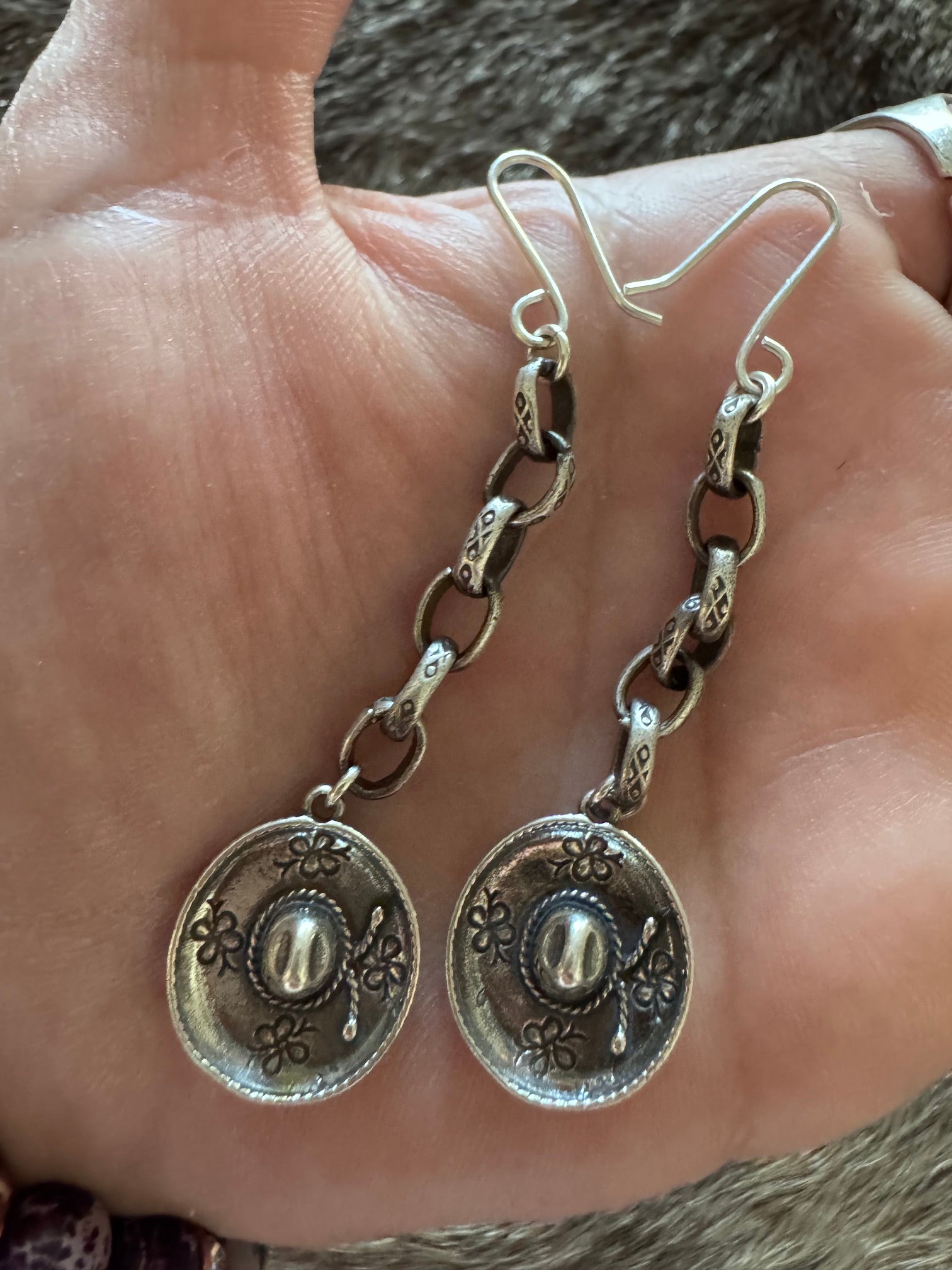 Handmade Sterling Silver Stamped Chain Cowgirl Hat Wire Dangle Earrings by Roaming Buffalo