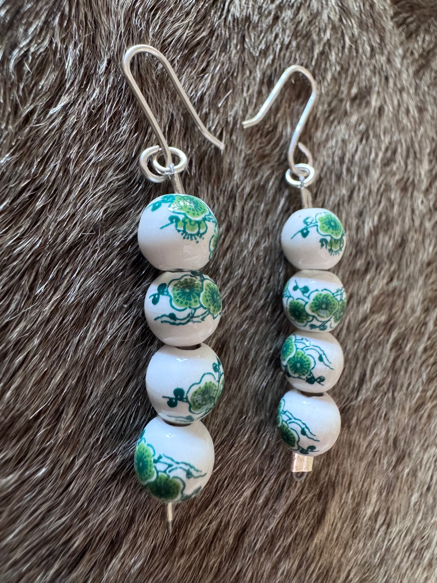 Handmade Sterling Silver Green Floral Beaded Wire Dangle Earrings by Roaming Buffalo
