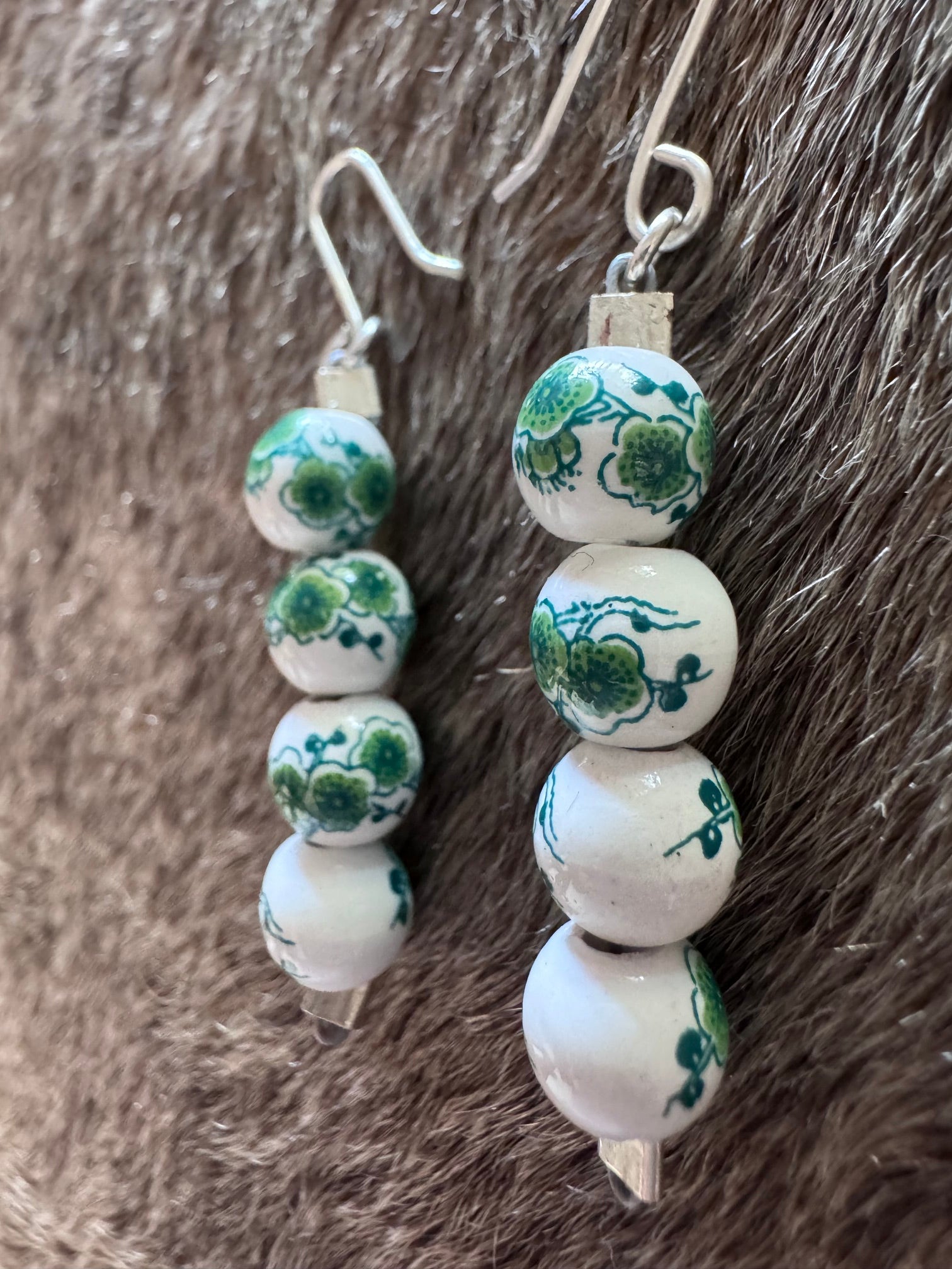 Handmade Sterling Silver Green Floral Beaded Wire Dangle Earrings by Roaming Buffalo