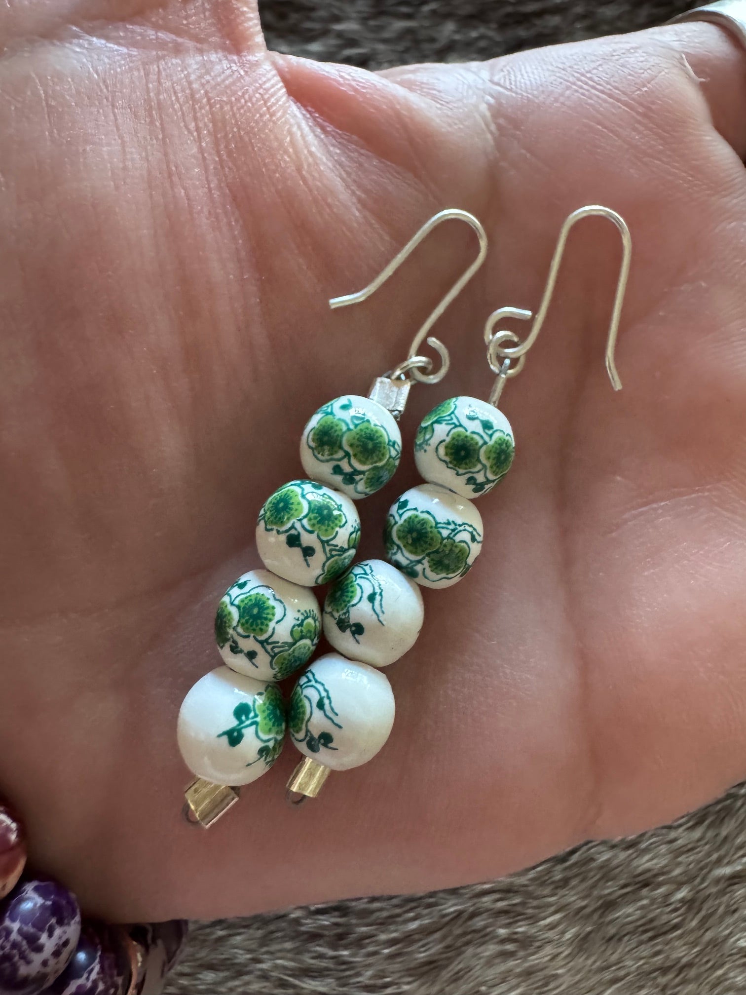 Handmade Sterling Silver Green Floral Beaded Wire Dangle Earrings by Roaming Buffalo
