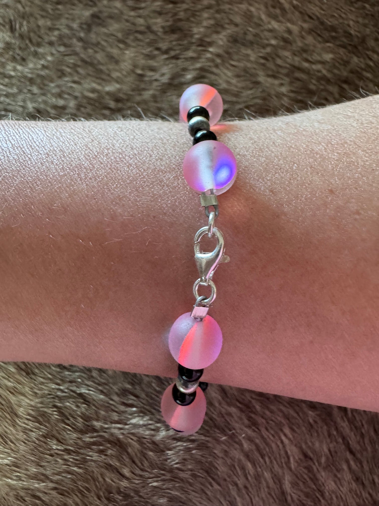 Handmade Sterling Silver & Pink Bead, Black Onyx, and Pearl Beaded 8" Bracelet by Roaming Buffalo