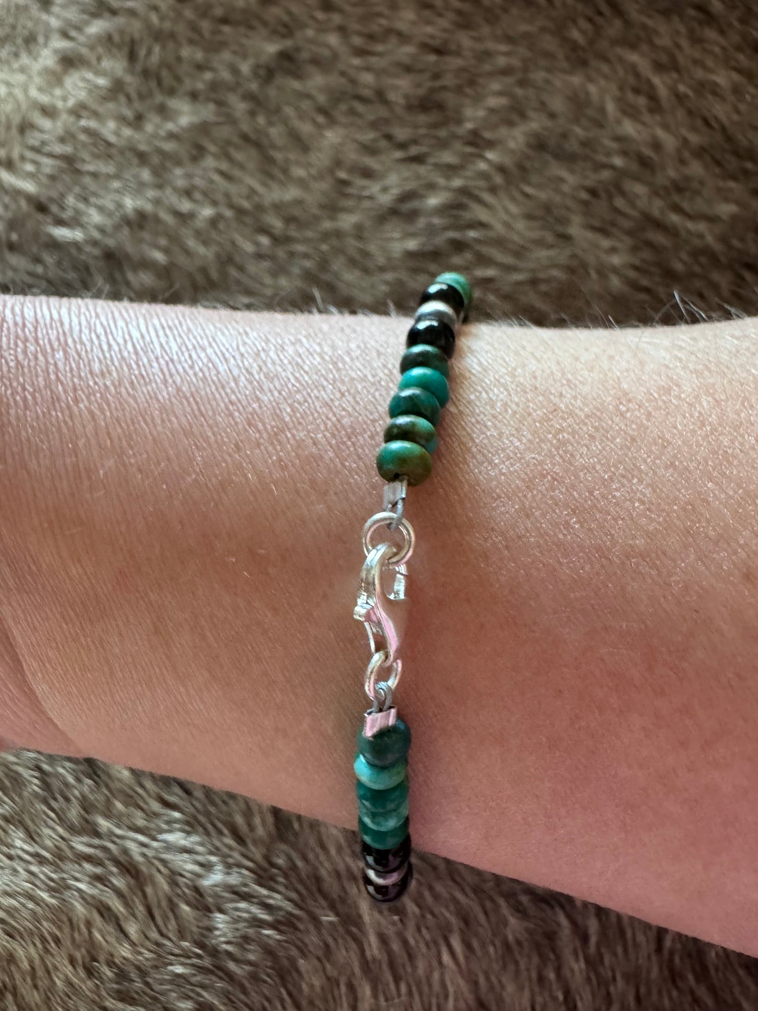 Handmade Sterling Silver & Hubei Turquoise, Black Onyx, and Pearl Beaded 8" Bracelet by Roaming Buffalo