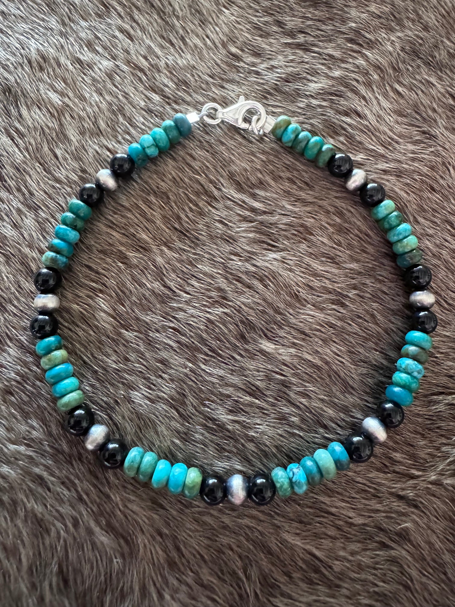 Handmade Sterling Silver & Hubei Turquoise, Black Onyx, and Pearl Beaded 8" Bracelet by Roaming Buffalo