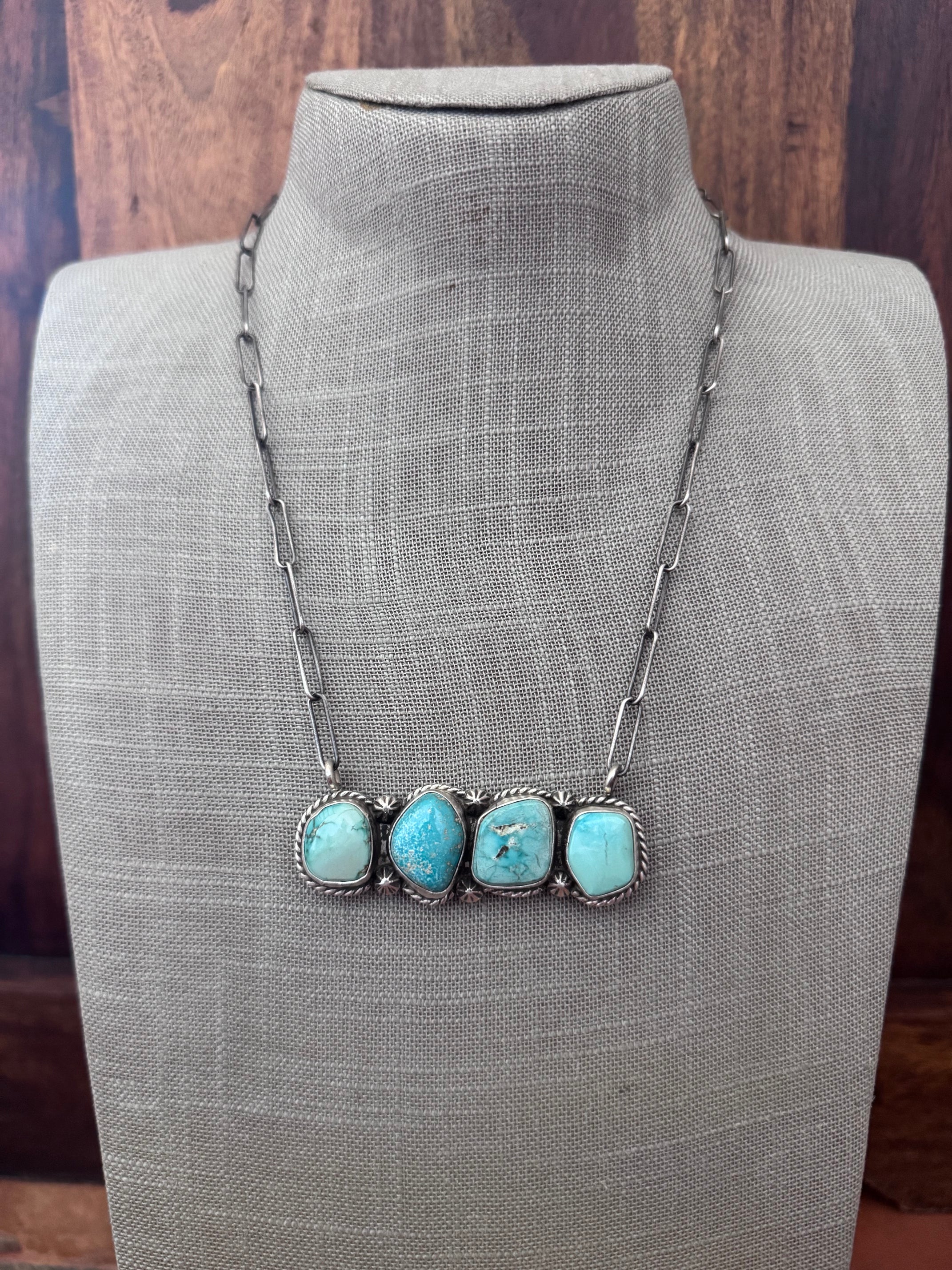 Handmade Sterling Silver & White Water, Carico Lake, Fox Turquoise Bar 19.5" Necklace by Roaming Buffalo