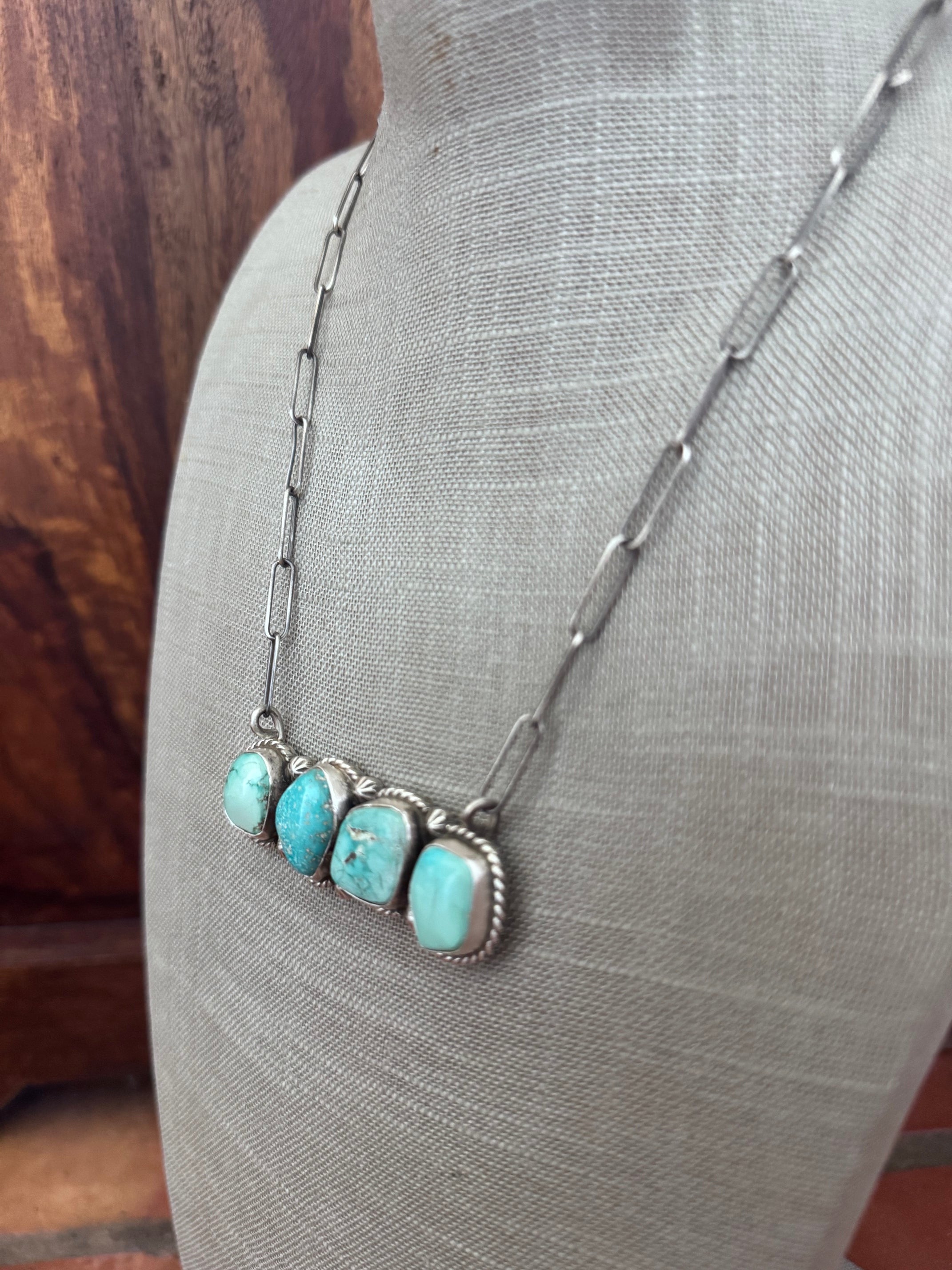 Handmade Sterling Silver & White Water, Carico Lake, Fox Turquoise Bar 19.5" Necklace by Roaming Buffalo