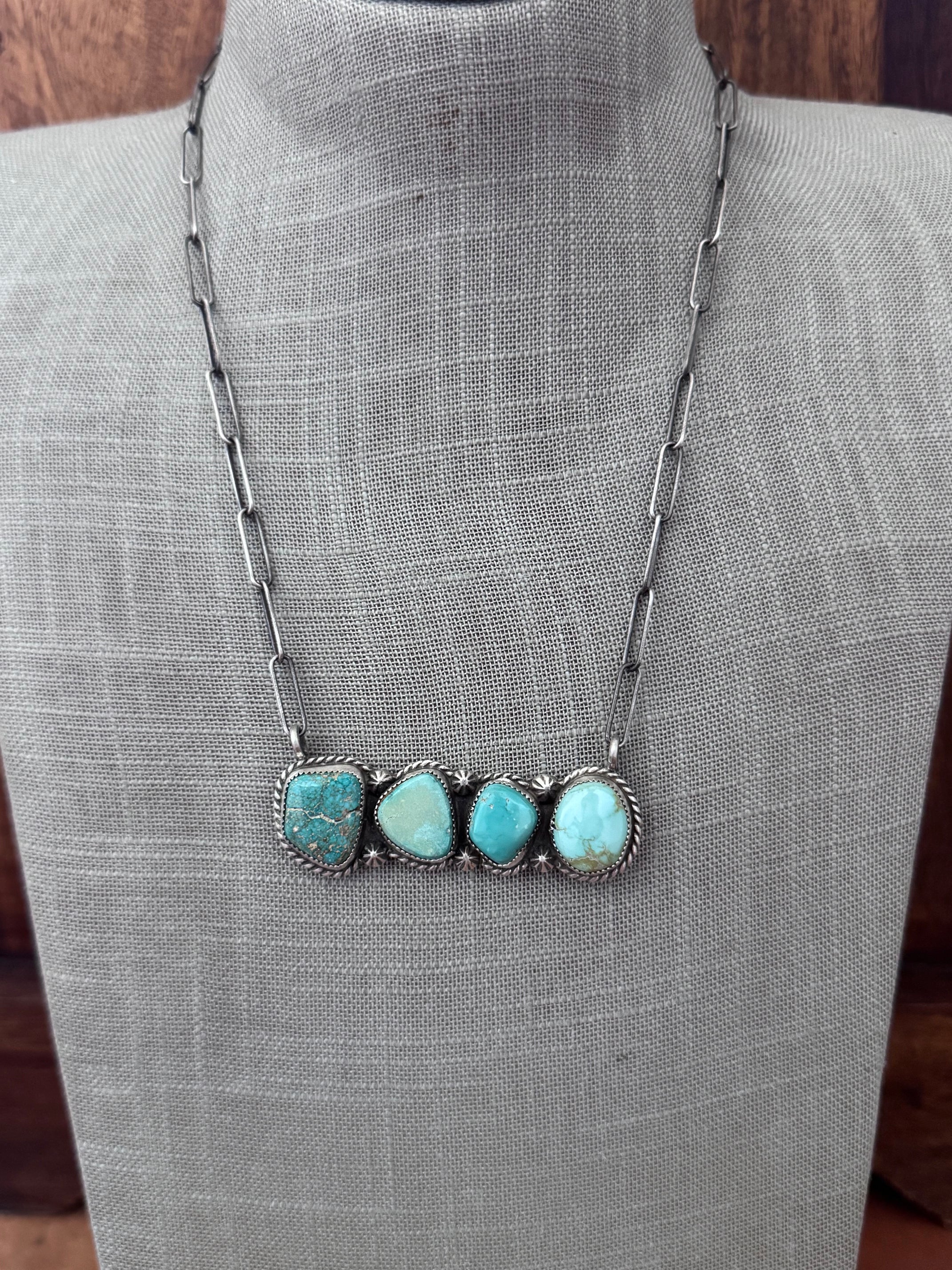Handmade Sterling Silver & Dry Creek, Carico Lake Turquoise Bar 19.5" Necklace by Roaming Buffalo